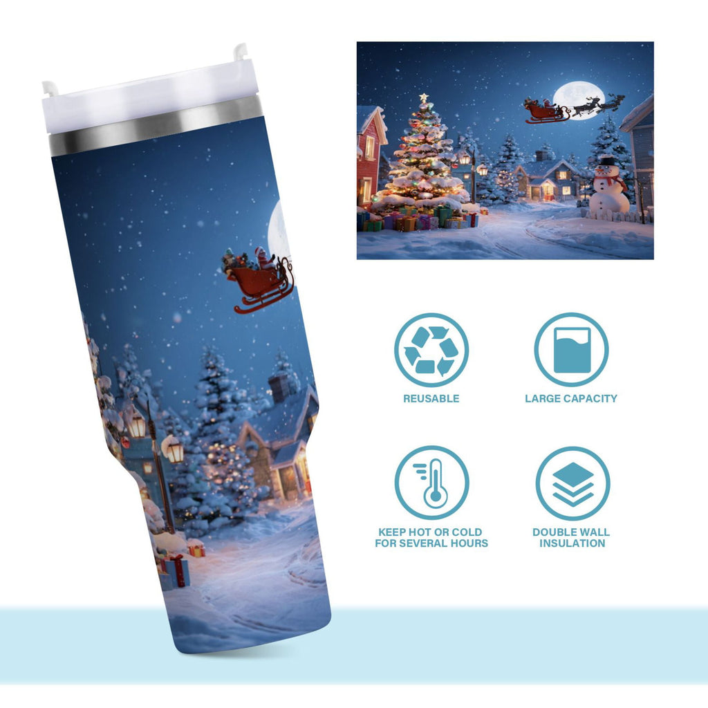 30 oz Insulated Stainless Steel Tumbler Double Wall Stainless Steel Tumbler with 2-Way Drinking Christmas Night Scene M606E