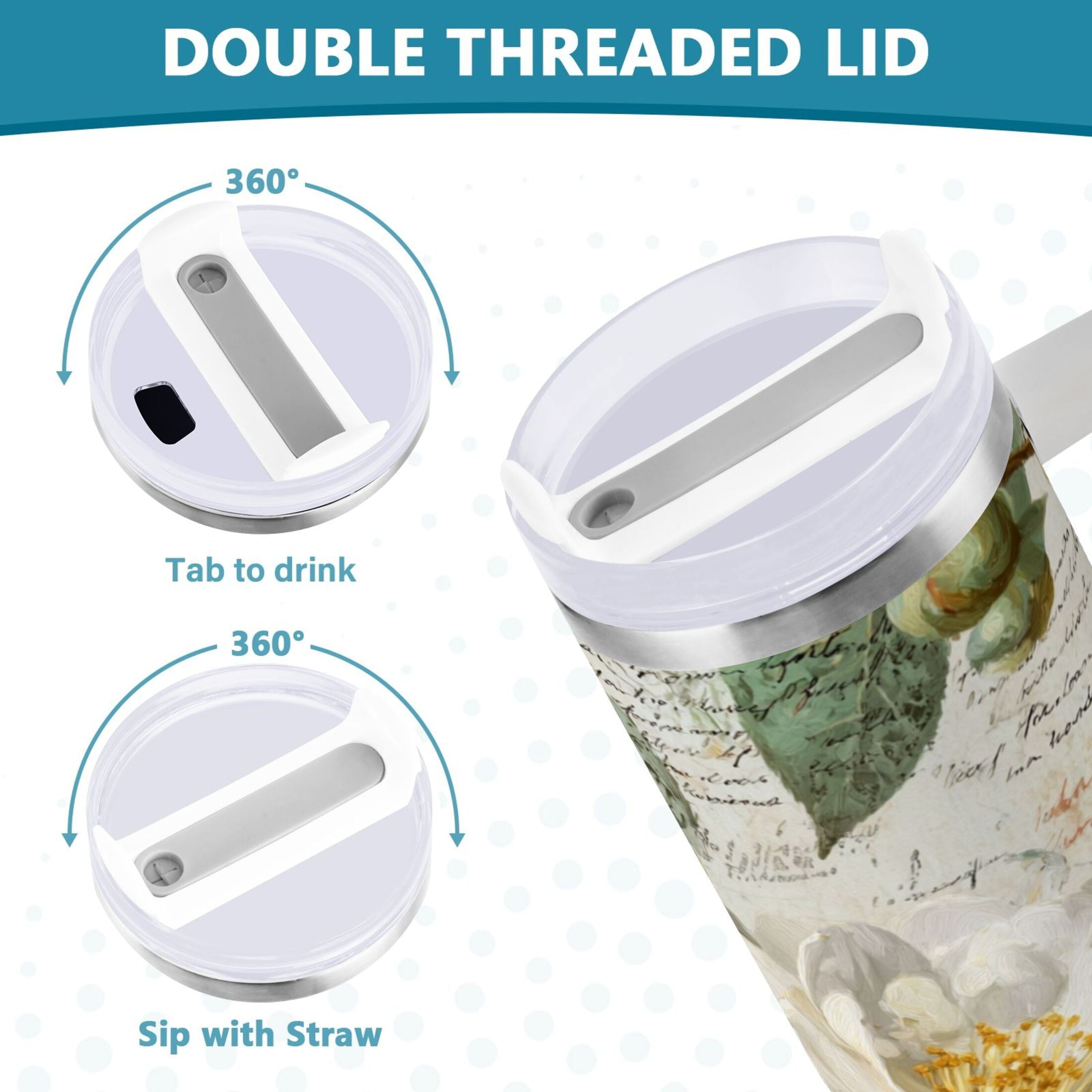 40 oz Insulated Stainless Steel Tumbler Double Wall Stainless Steel Tumbler with 2-Way Drinking Vintage White Camellias M622C