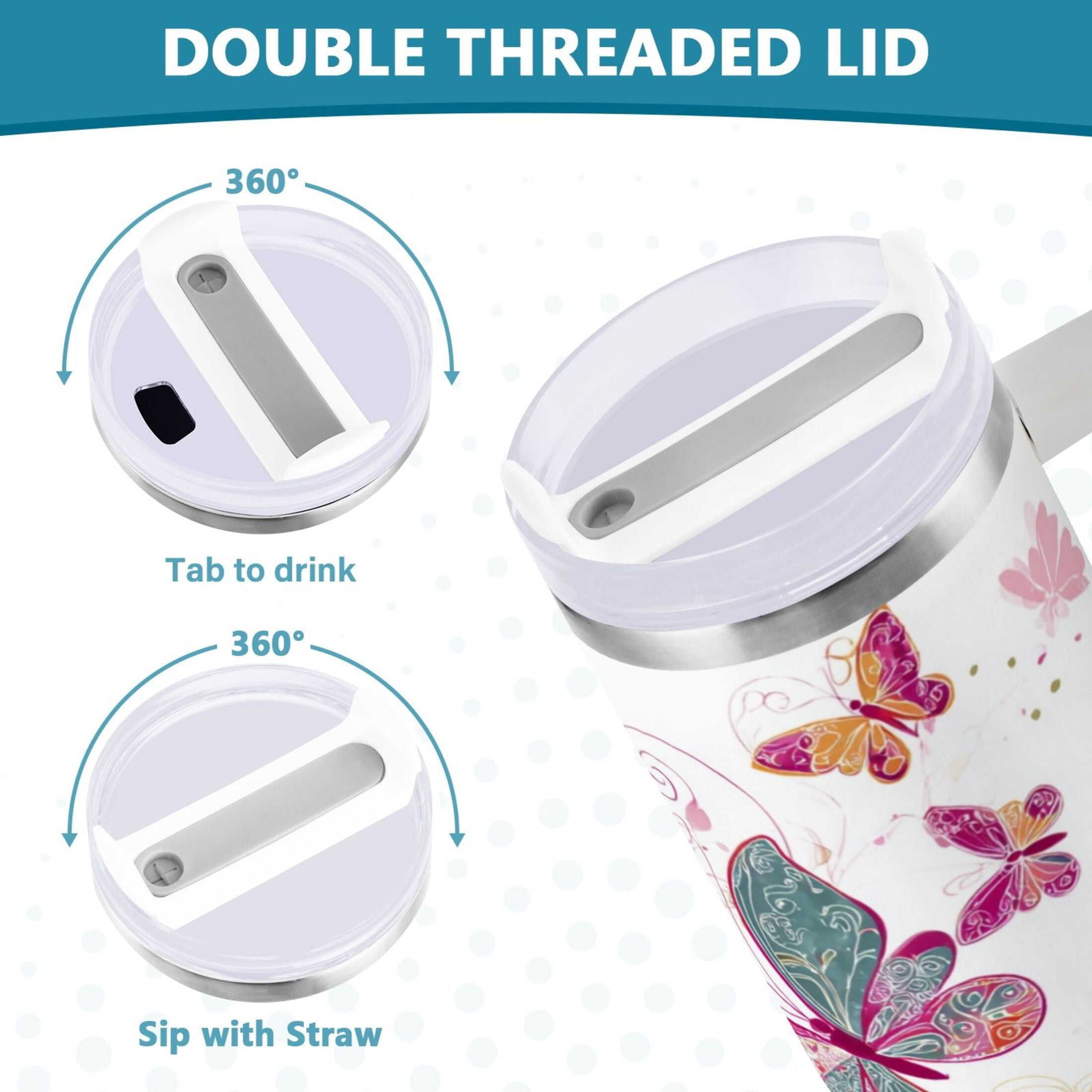 30 oz Insulated Stainless Steel Tumbler Double Wall Stainless Steel Tumbler with 2-Way Drinking Colorful Butterflies M605A