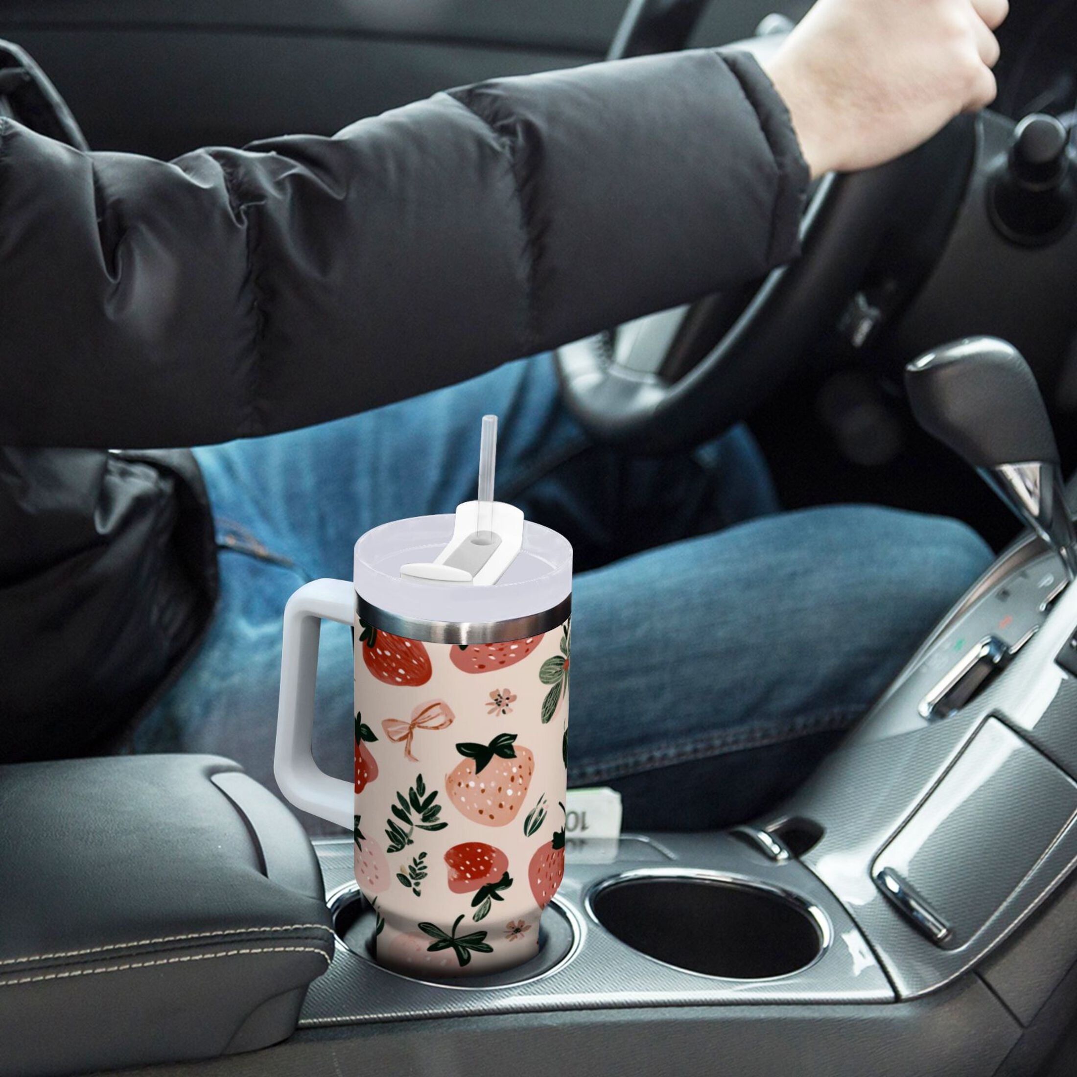 30 oz Insulated Stainless Steel Tumbler Double Wall Stainless Steel Tumbler with 2-Way Drinking Cute Pinks Strawberries M596G