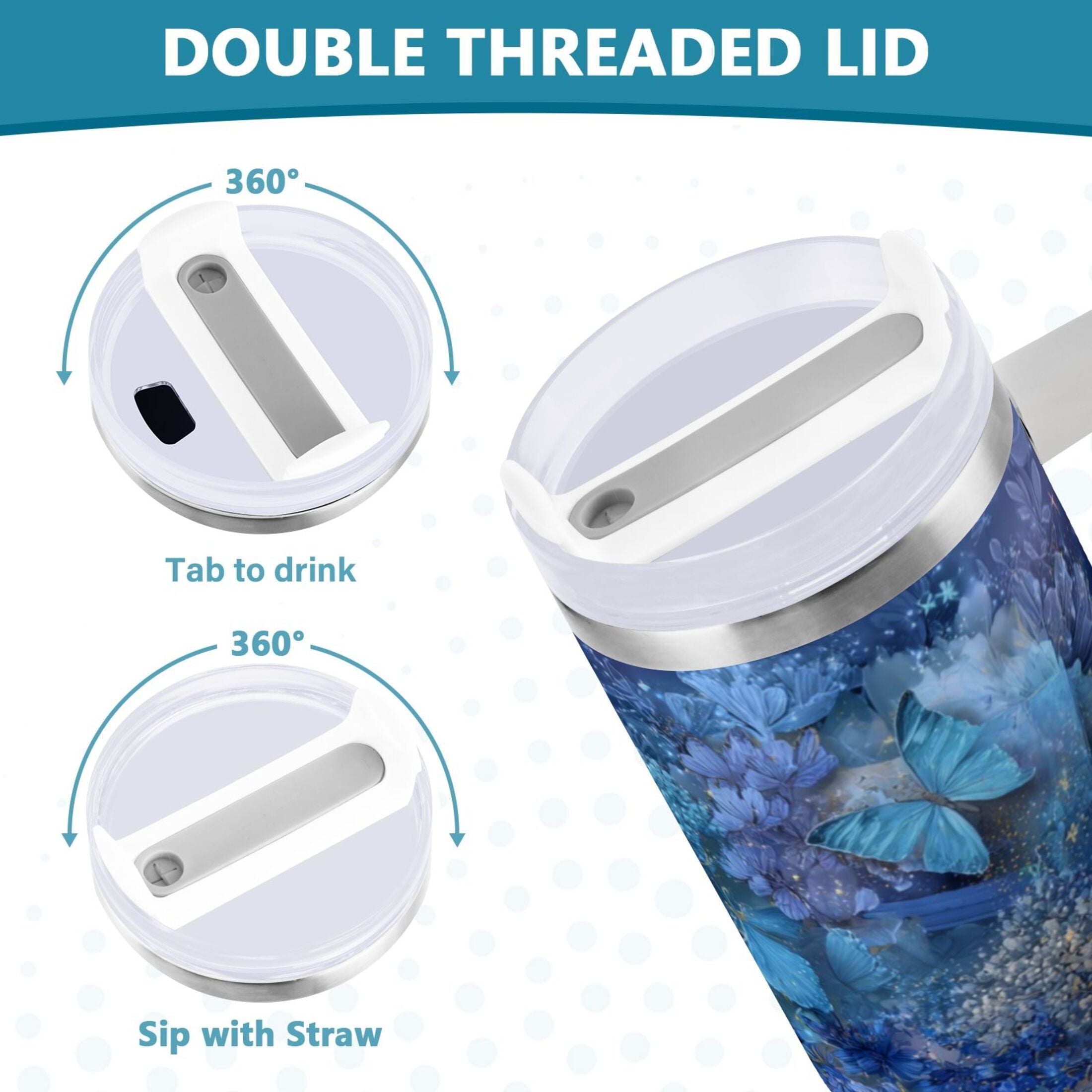30 oz Insulated Stainless Steel Tumbler Double Wall Stainless Steel Tumbler with 2-Way Drinking Butterflies Books and Flowers M524V