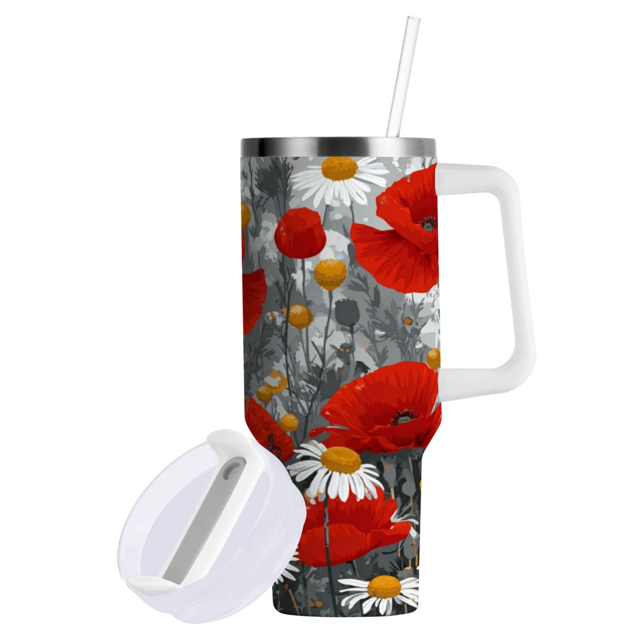 40 oz Insulated Stainless Steel Tumbler Double Wall Stainless Steel Tumbler with 2-Way Drinking Red Flowers and Daisies M498A