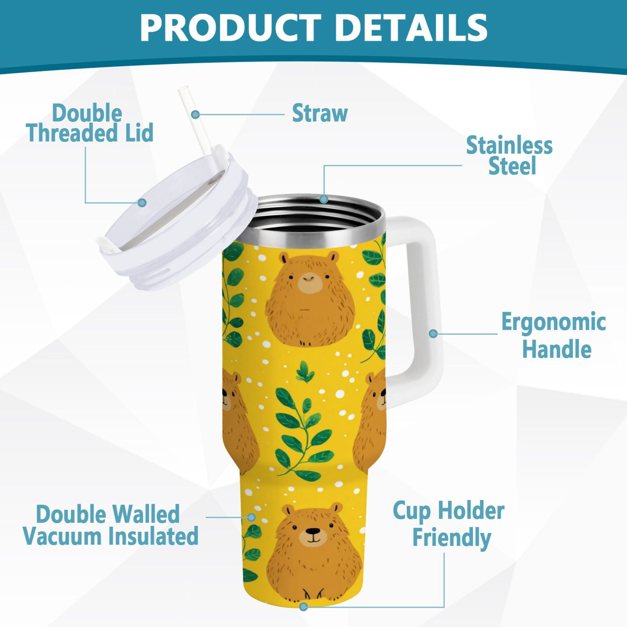 30 oz Insulated Stainless Steel Tumbler Double Wall Stainless Steel Tumbler with 2-Way Drinking Capybara and Green Leaves M658G