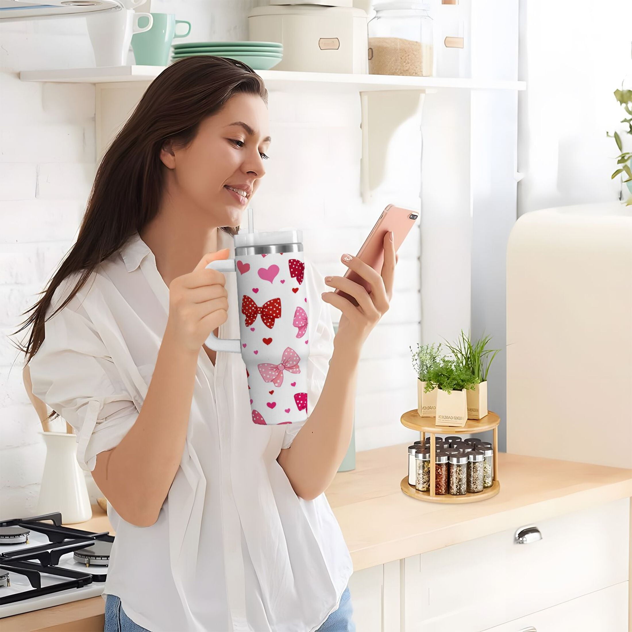 30 oz Insulated Stainless Steel Tumbler Double Wall Stainless Steel Tumbler with 2-Way Drinking Red and Pink Bows M595T