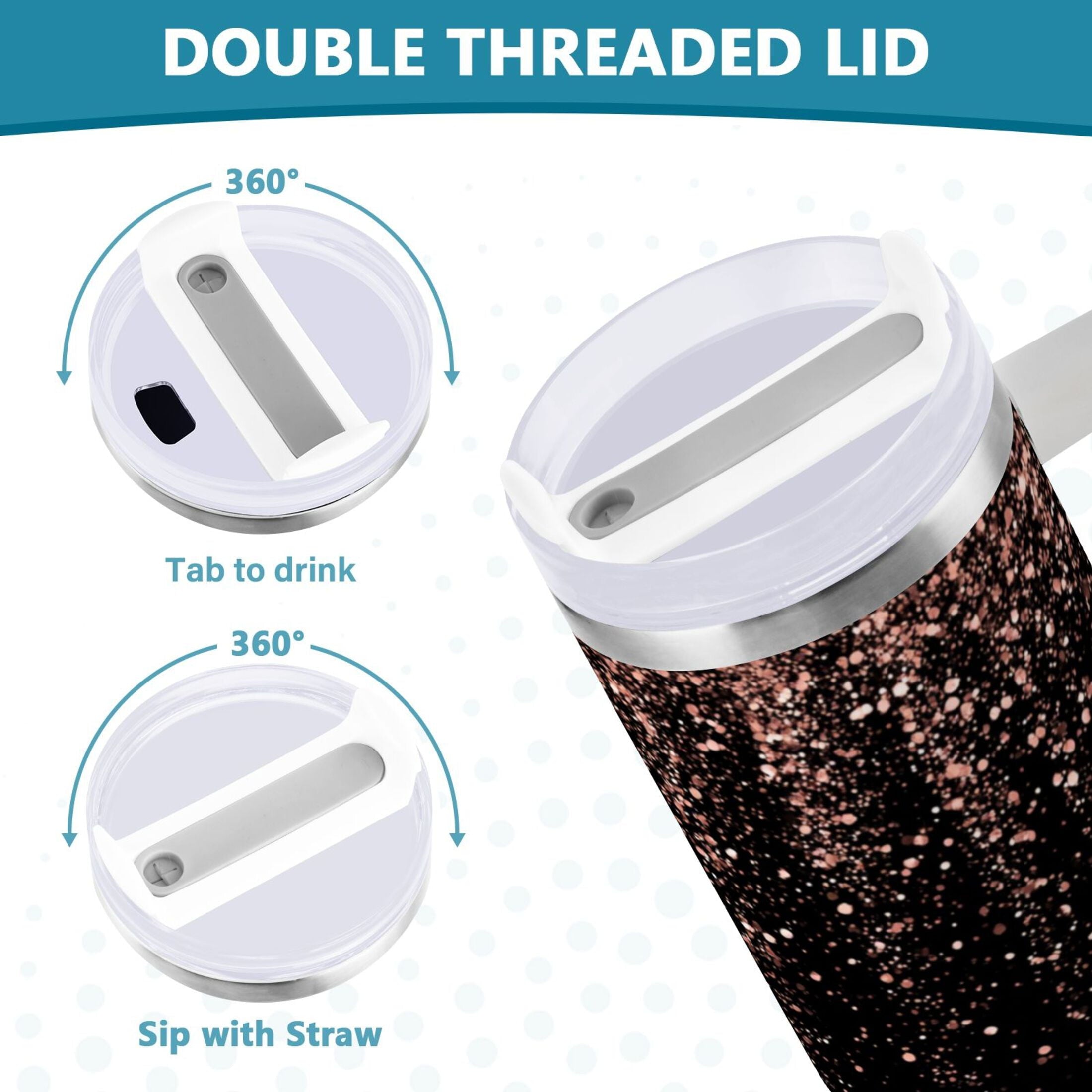 40 oz Insulated Stainless Steel Tumbler Double Wall Stainless Steel Tumbler with 2-Way Drinking Rose Gold Glitter M589E