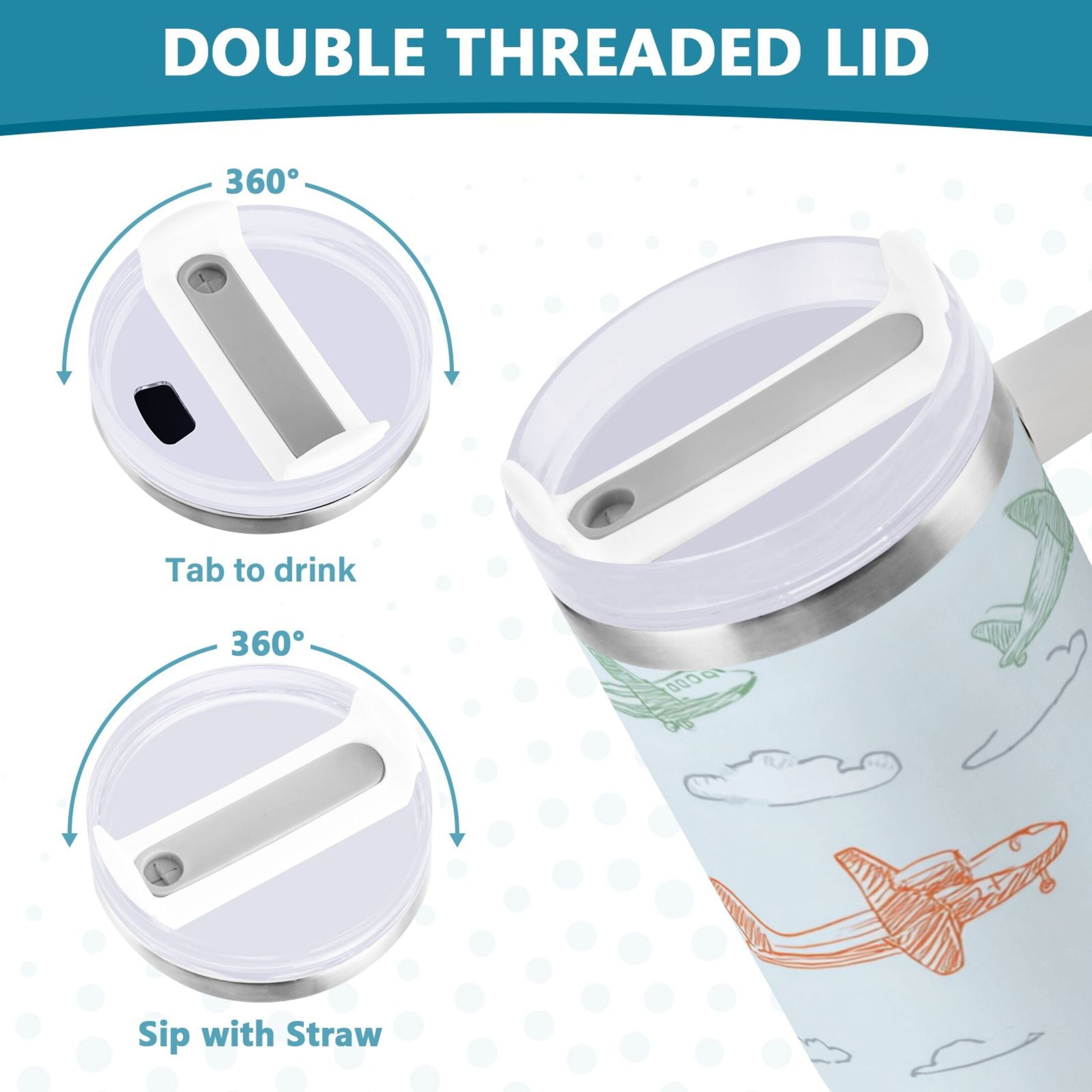 30 oz Insulated Stainless Steel Tumbler Double Wall Stainless Steel Tumbler with 2-Way Drinking Pastel Doodle Airplanes M593S