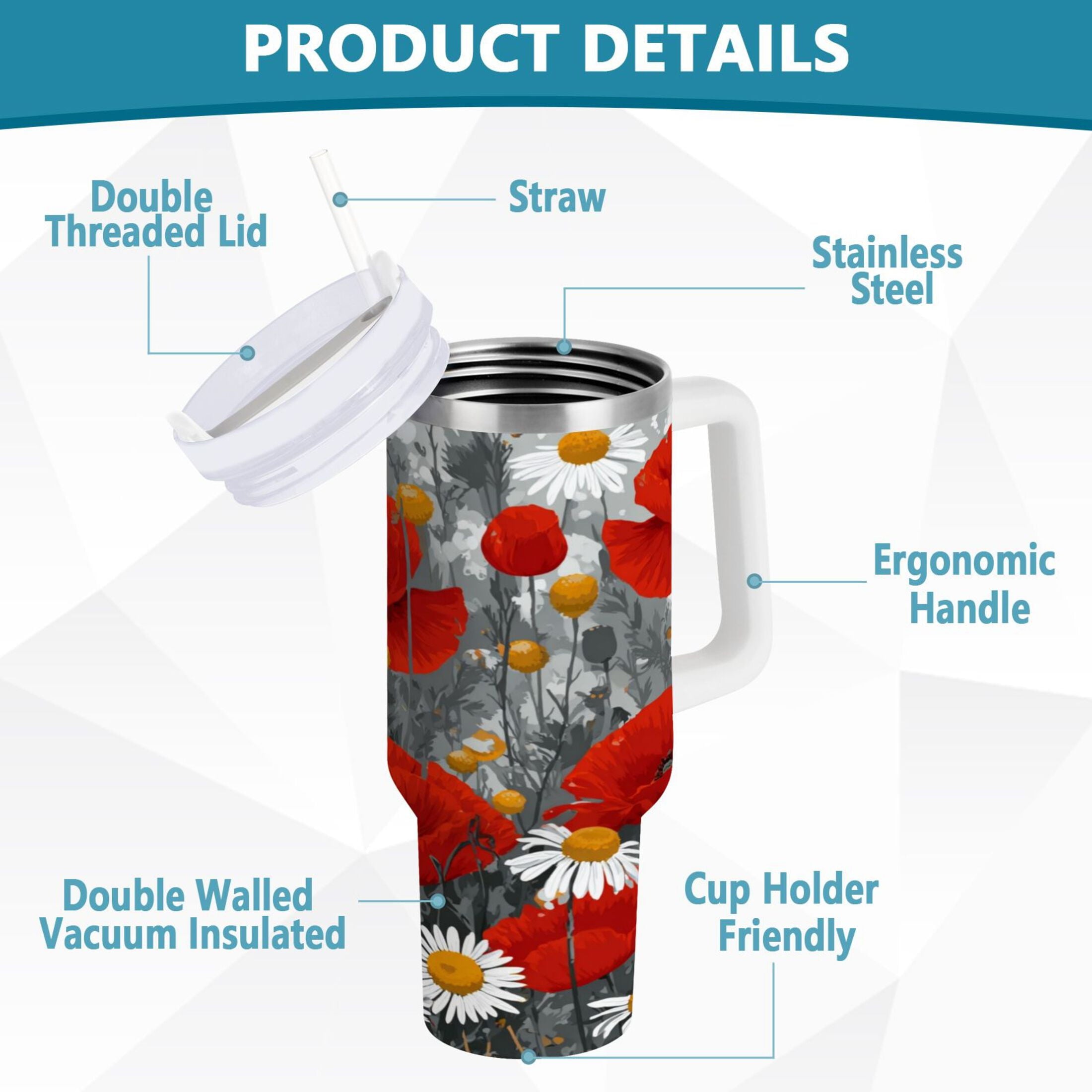 40 oz Insulated Stainless Steel Tumbler Double Wall Stainless Steel Tumbler with 2-Way Drinking Red Flowers and Daisies M498A