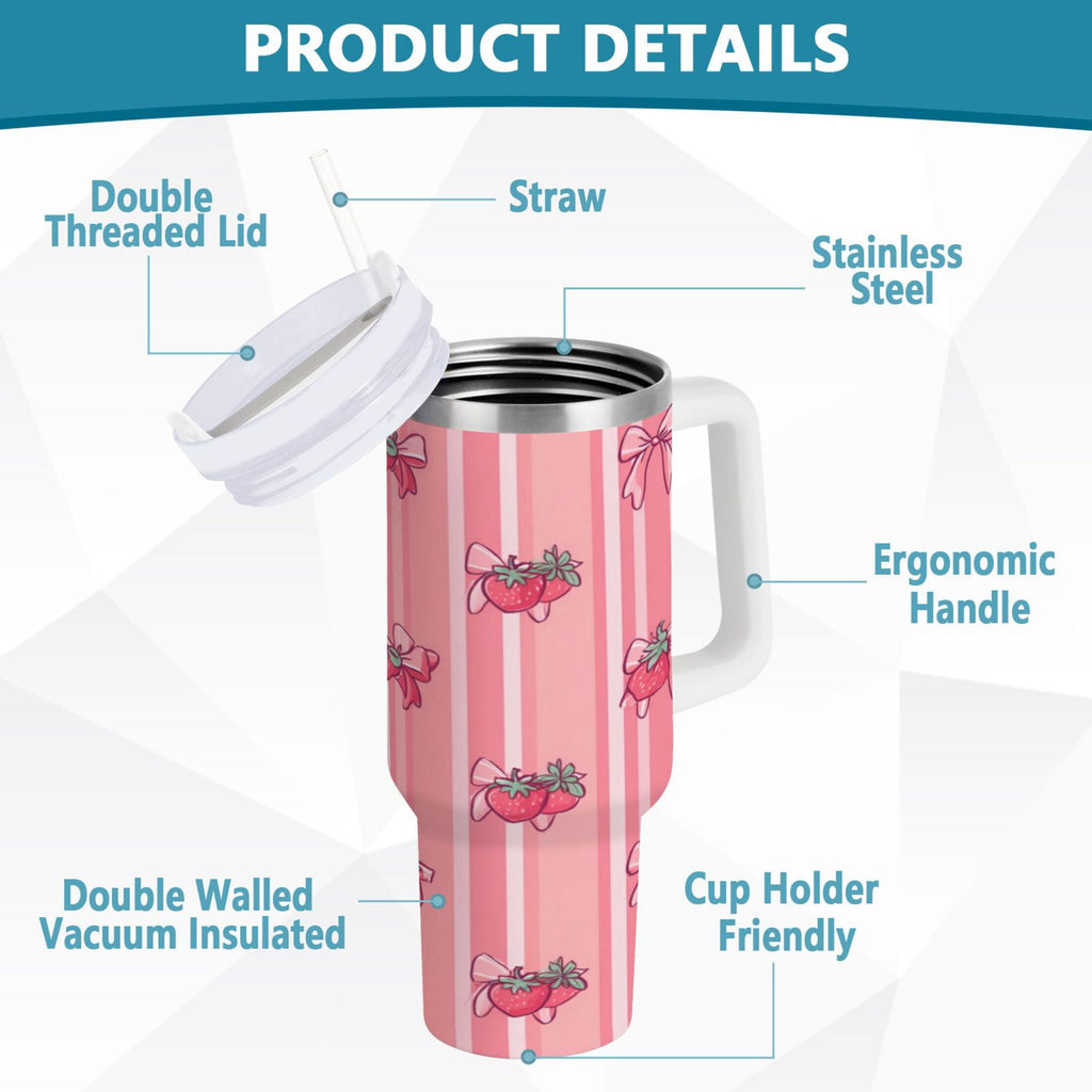 30 oz Insulated Stainless Steel Tumbler Double Wall Stainless Steel Tumbler with 2-Way Drinking Pink Bows and Strawberries M628H