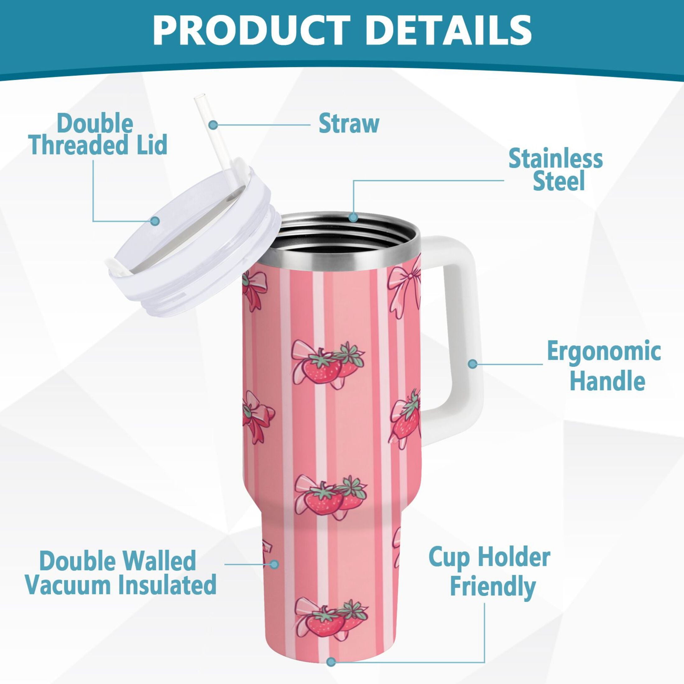 30 oz Insulated Stainless Steel Tumbler Double Wall Stainless Steel Tumbler with 2-Way Drinking Pink Bows and Strawberries M628H