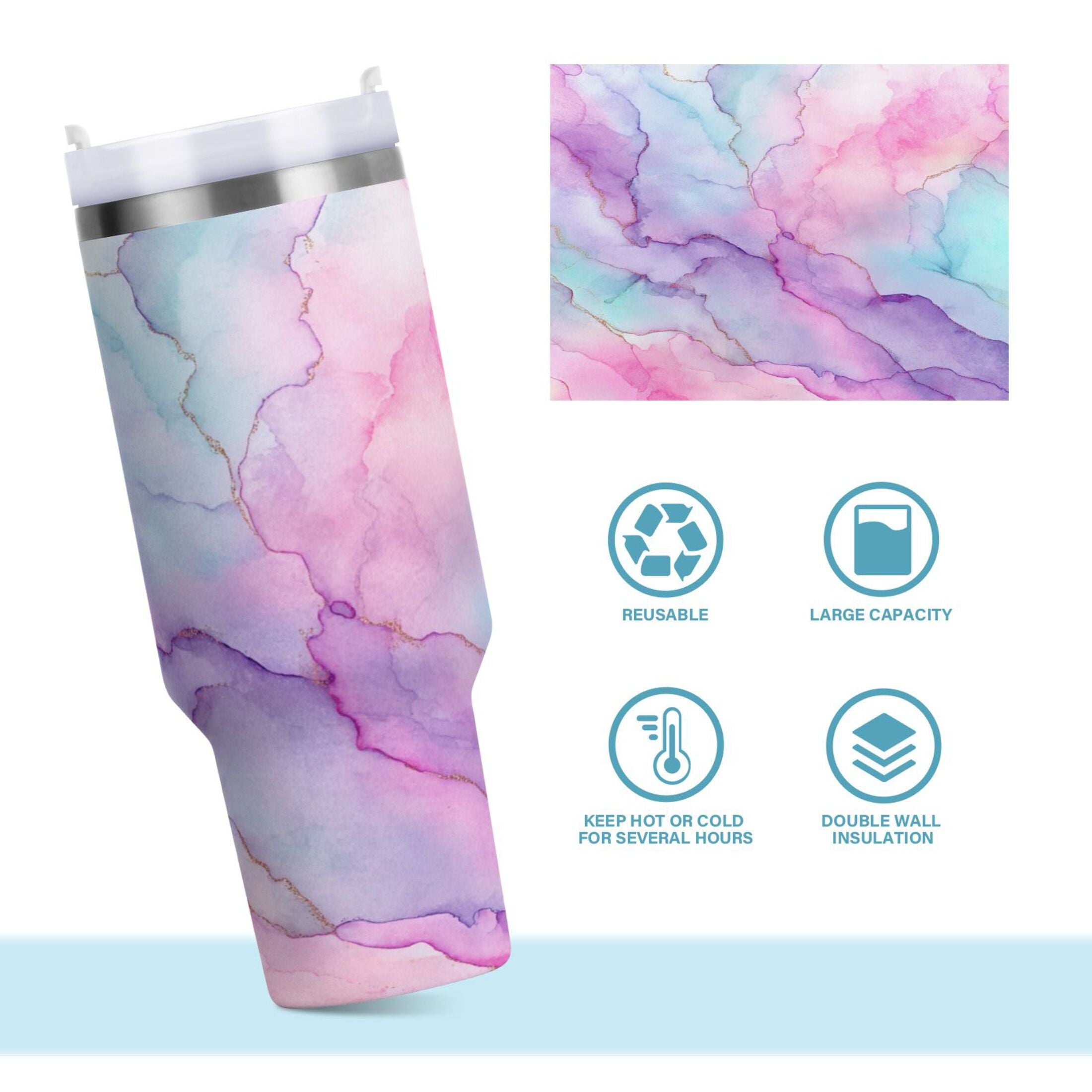 30 oz Insulated Stainless Steel Tumbler Double Wall Stainless Steel Tumbler with 2-Way Drinking Pastel Pink Marble Texture M614N