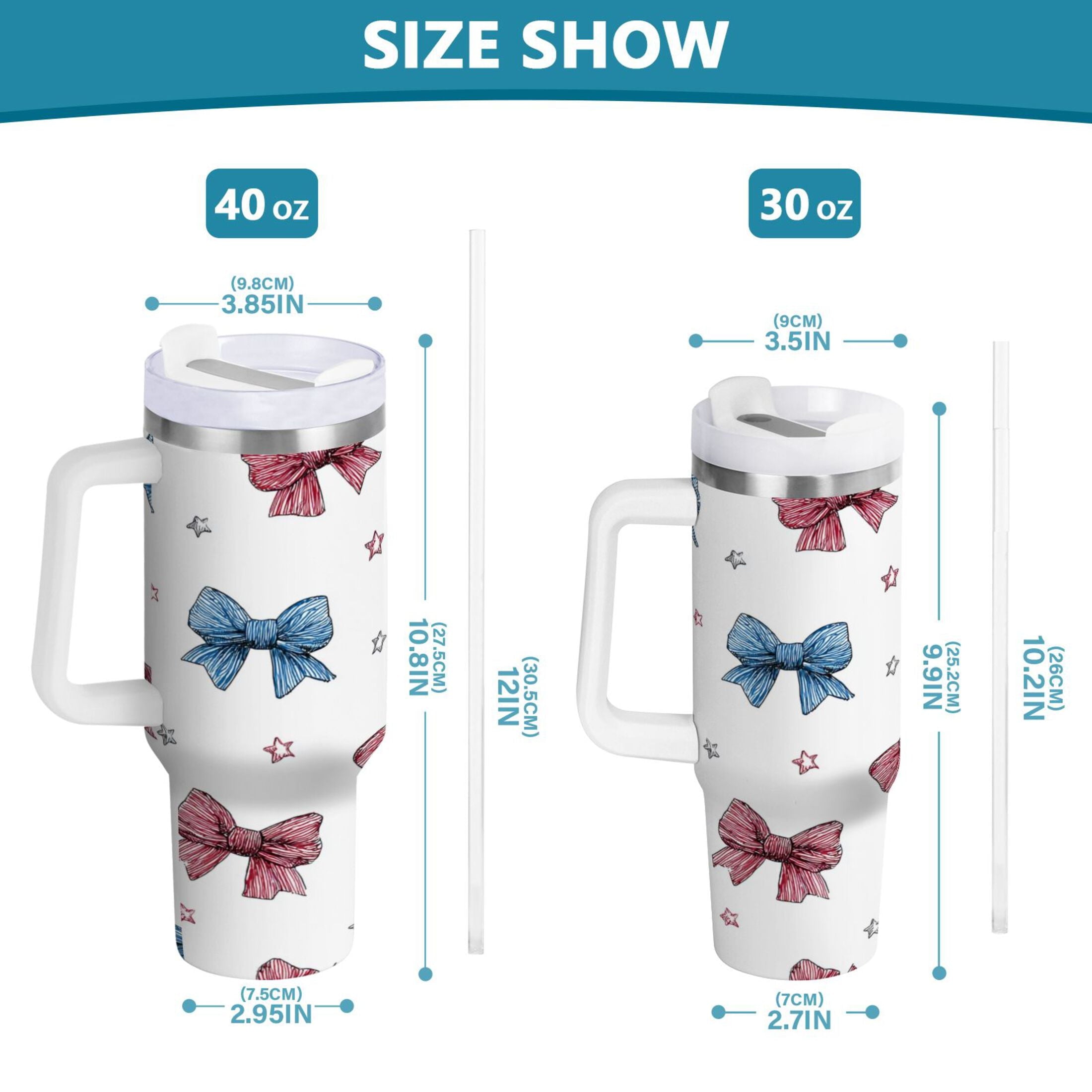 40 oz Insulated Stainless Steel Tumbler Double Wall Stainless Steel Tumbler with 2-Way Drinking Red and Blue Stripes Bows M510M