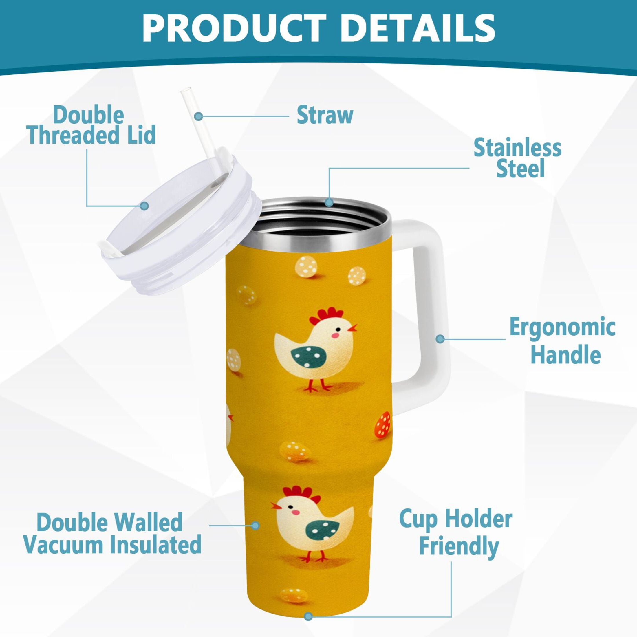 30 oz Insulated Stainless Steel Tumbler Double Wall Stainless Steel Tumbler with 2-Way Drinking Cartoon Chickens Pattern M551C