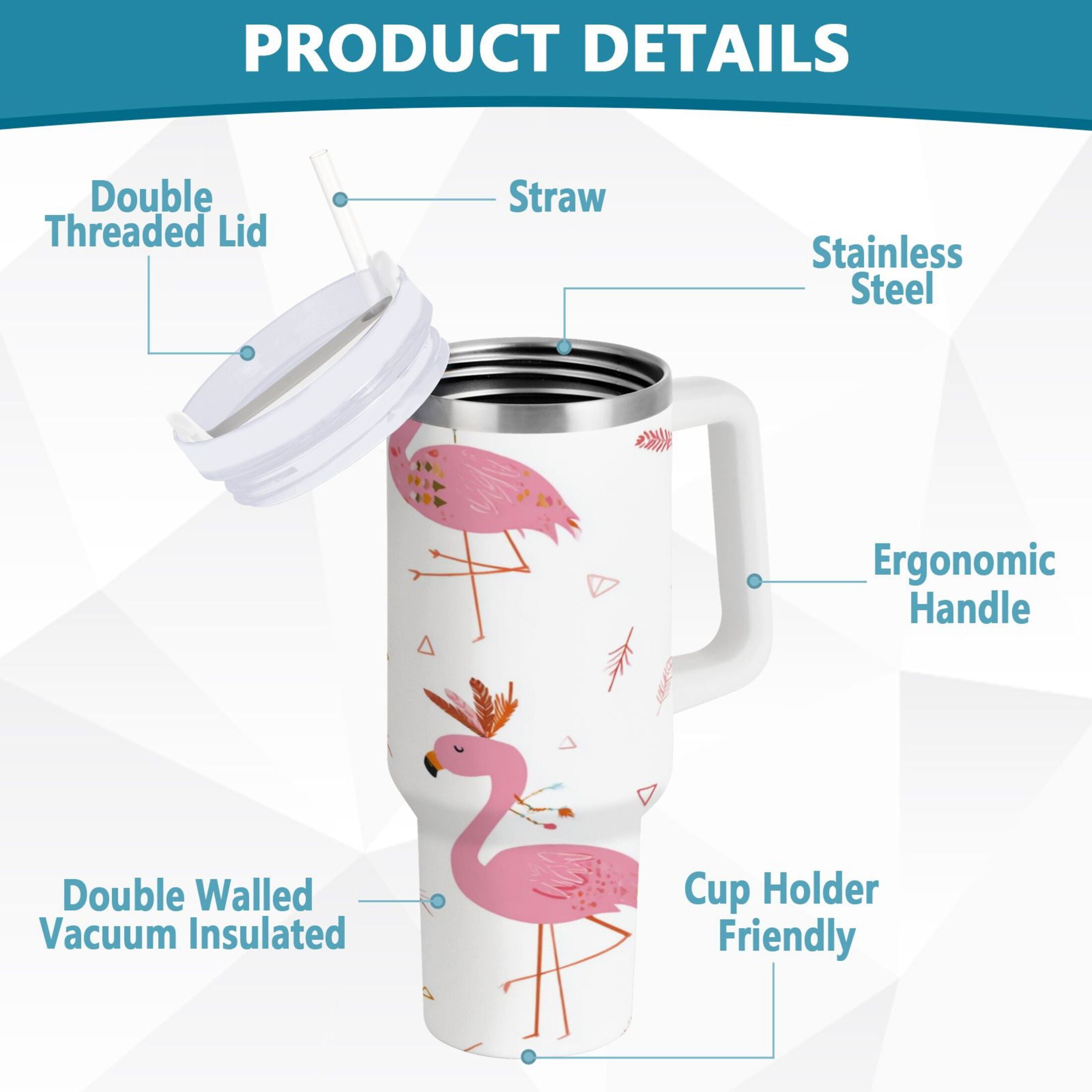 40 oz Insulated Stainless Steel Tumbler Double Wall Stainless Steel Tumbler with 2-Way Drinking Cute Pink Flamingo Pattern M515P