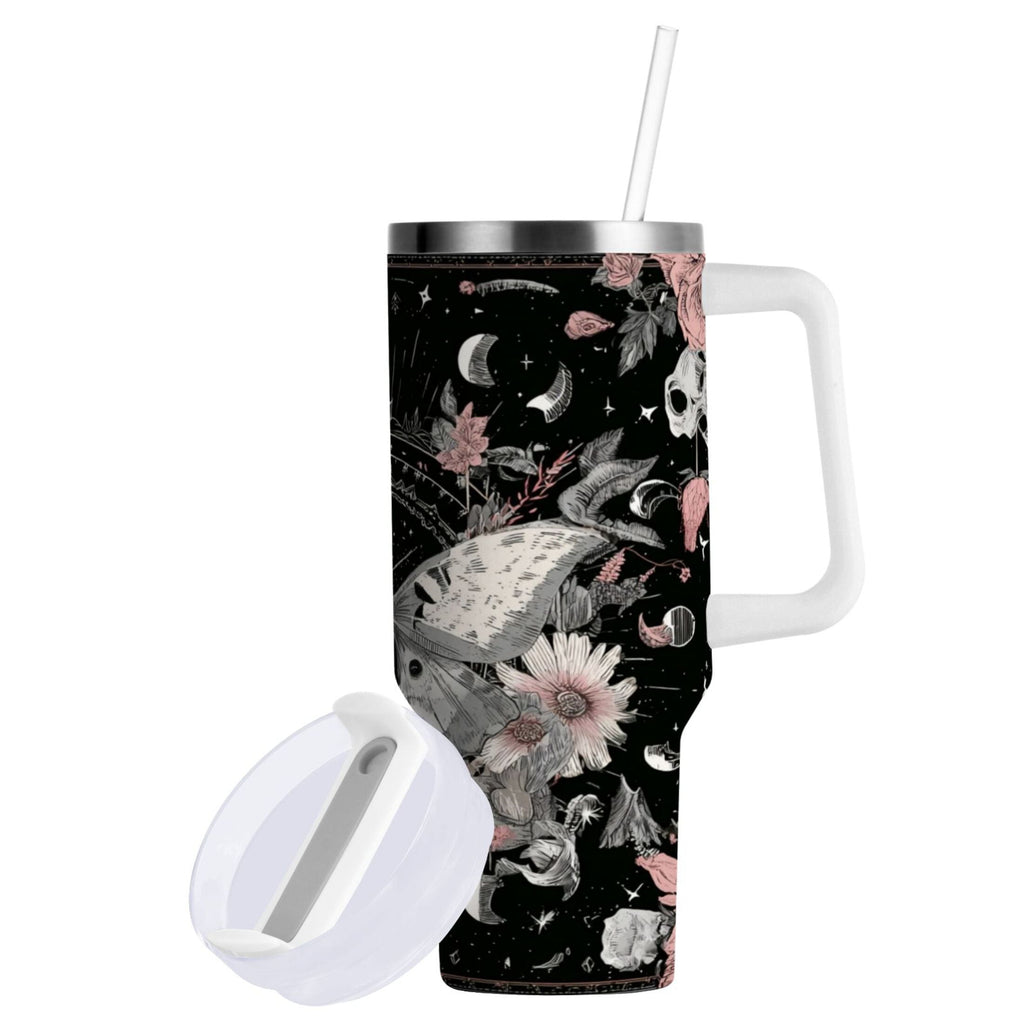 40 oz Insulated Stainless Steel Tumbler Double Wall Stainless Steel Tumbler with 2-Way Drinking Butterfly Surrounded by Flowers M640X