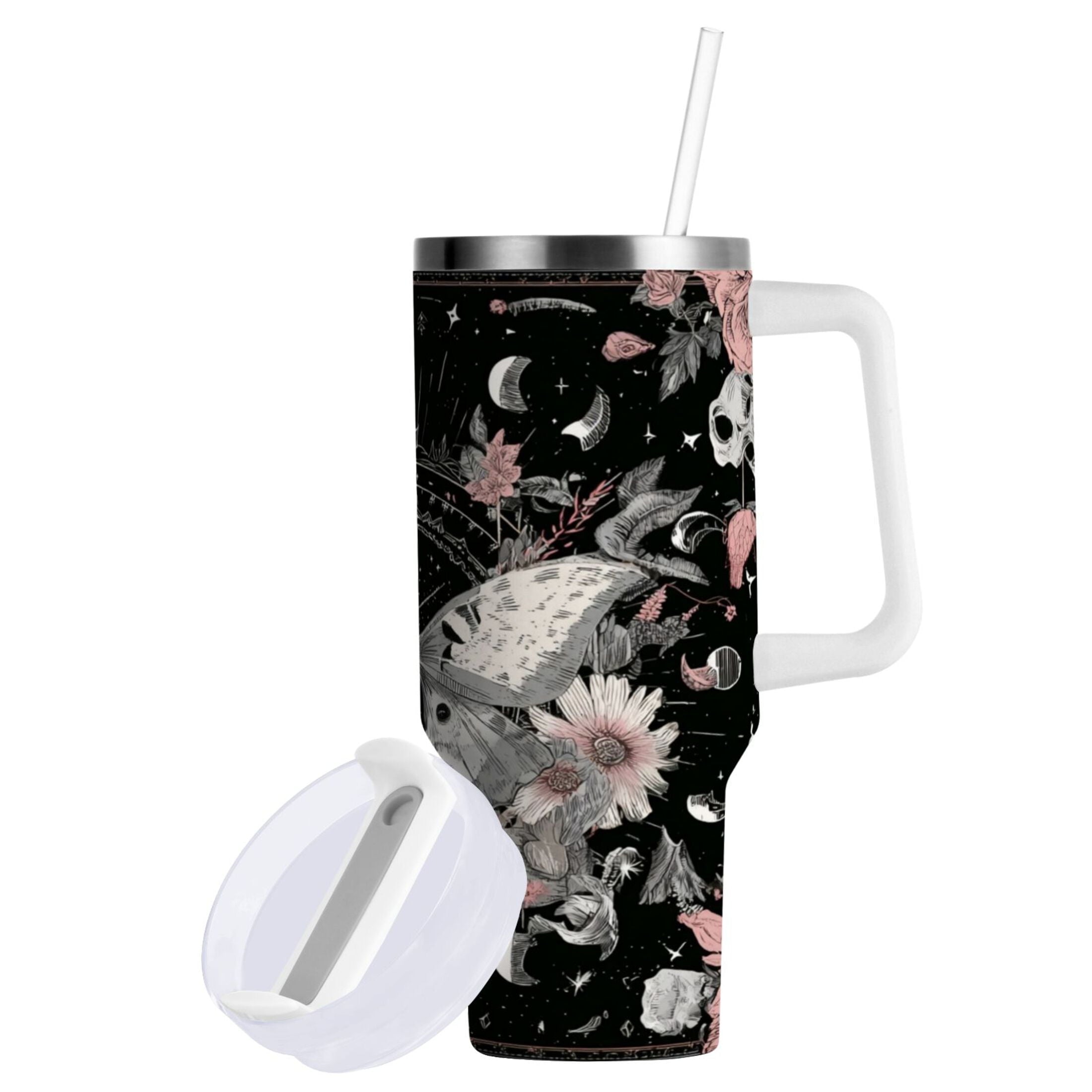 40 oz Insulated Stainless Steel Tumbler Double Wall Stainless Steel Tumbler with 2-Way Drinking Butterfly Surrounded by Flowers M640X