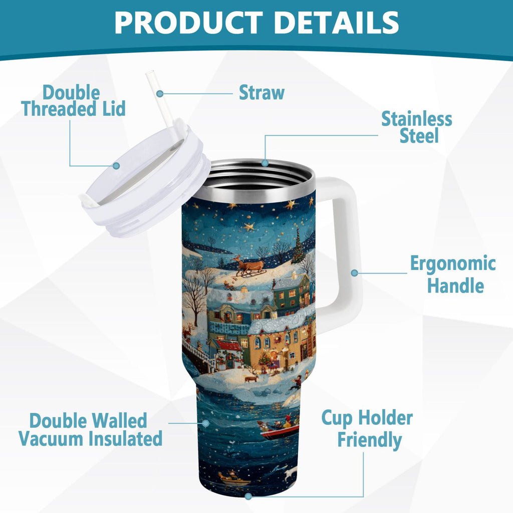 30 oz Insulated Stainless Steel Tumbler Double Wall Stainless Steel Tumbler with 2-Way Drinking Whimsical Christmas Scene M545Q