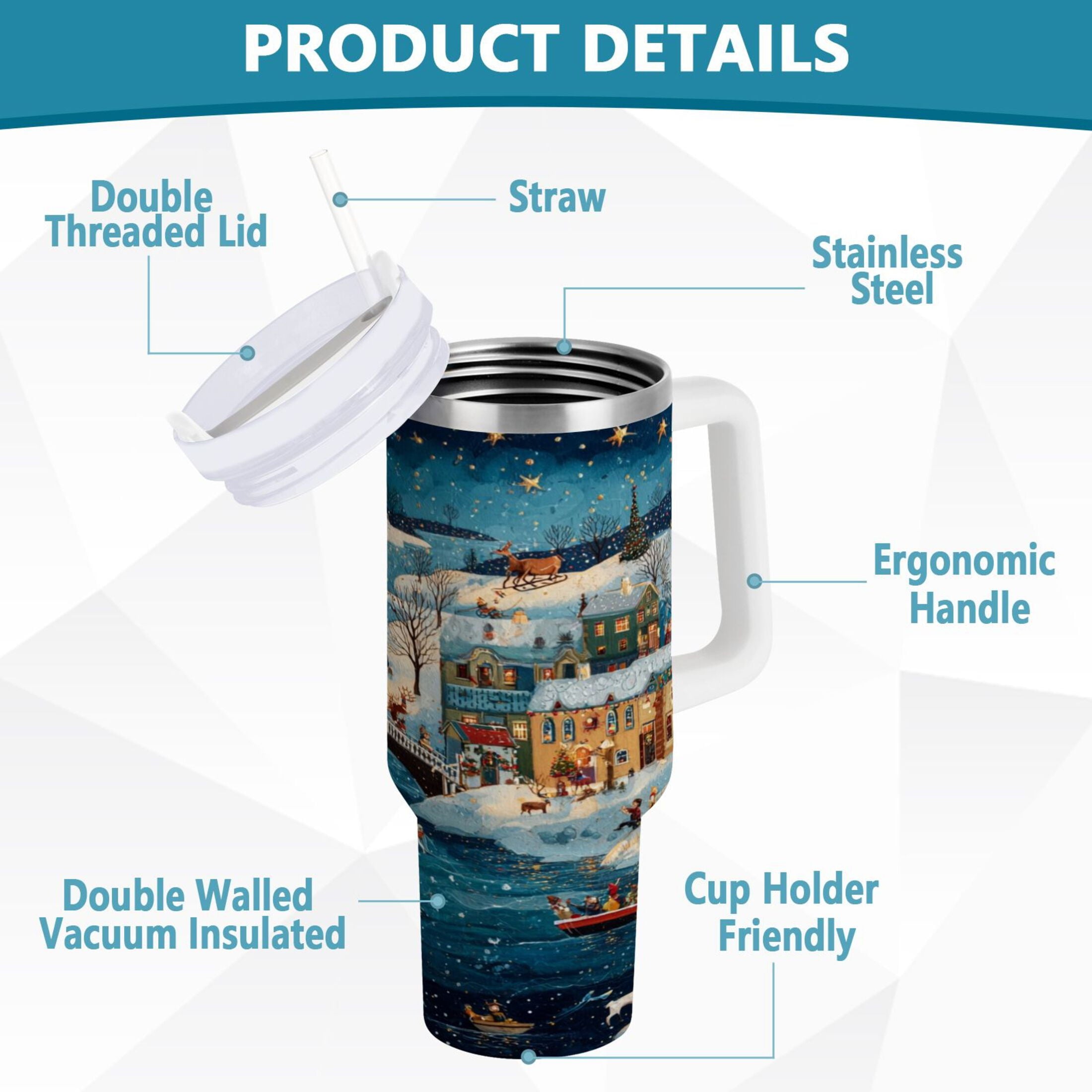 30 oz Insulated Stainless Steel Tumbler Double Wall Stainless Steel Tumbler with 2-Way Drinking Whimsical Christmas Scene M545Q