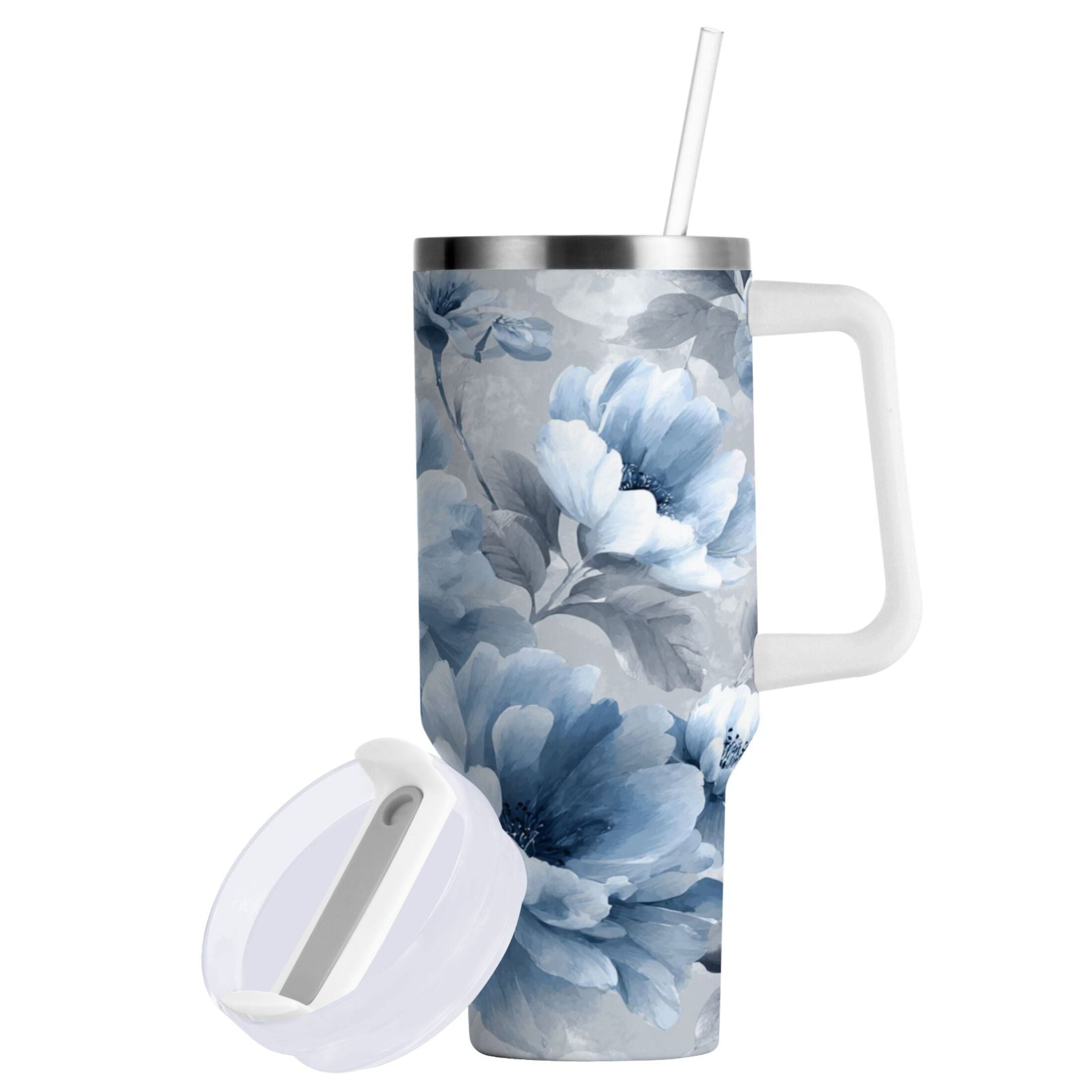 40 oz Insulated Stainless Steel Tumbler Double Wall Stainless Steel Tumbler with 2-Way Drinking White Floral Pattern M584Y