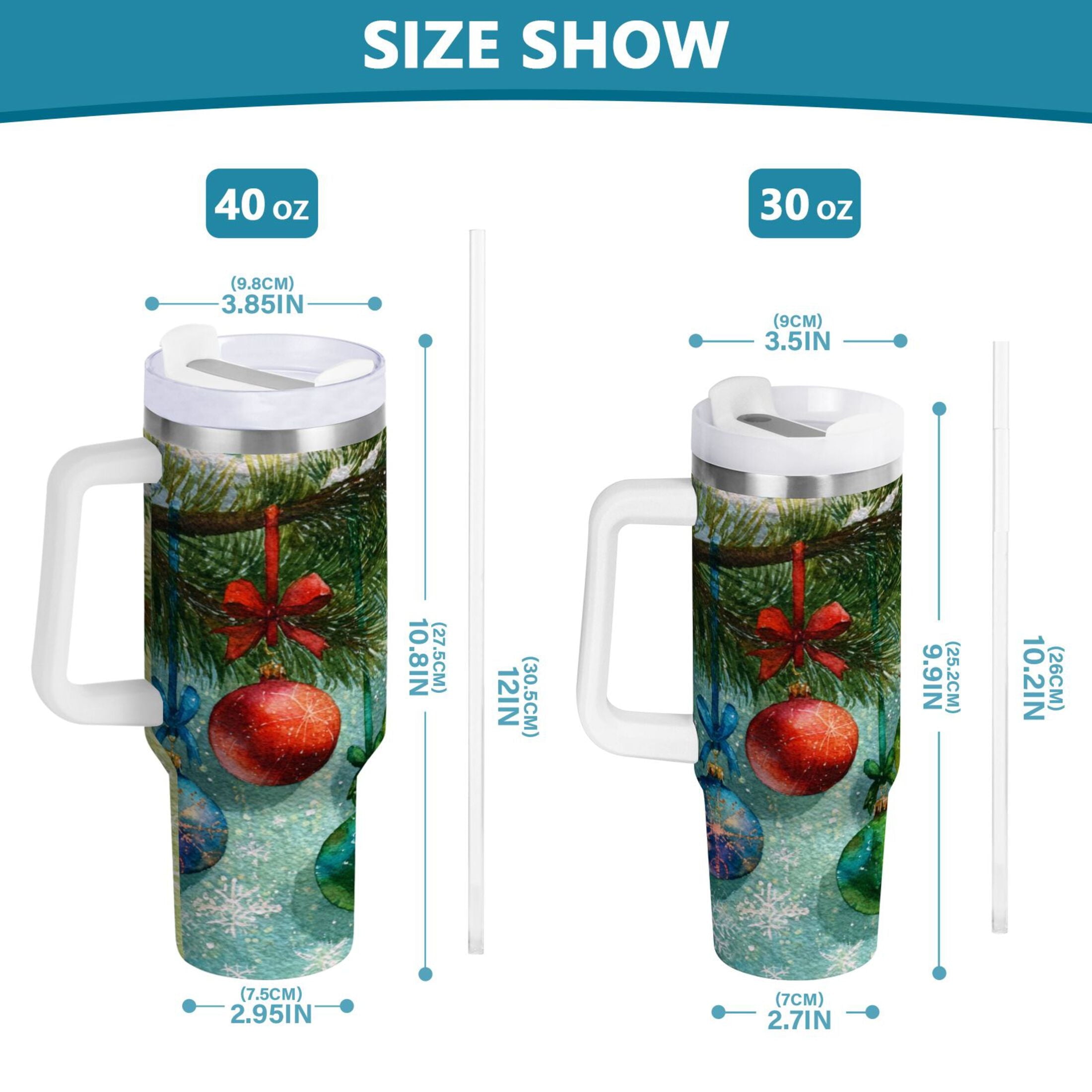 30 oz Insulated Stainless Steel Tumbler Double Wall Stainless Steel Tumbler with 2-Way Drinking Christmas Ornaments Watercolor Painting M639D