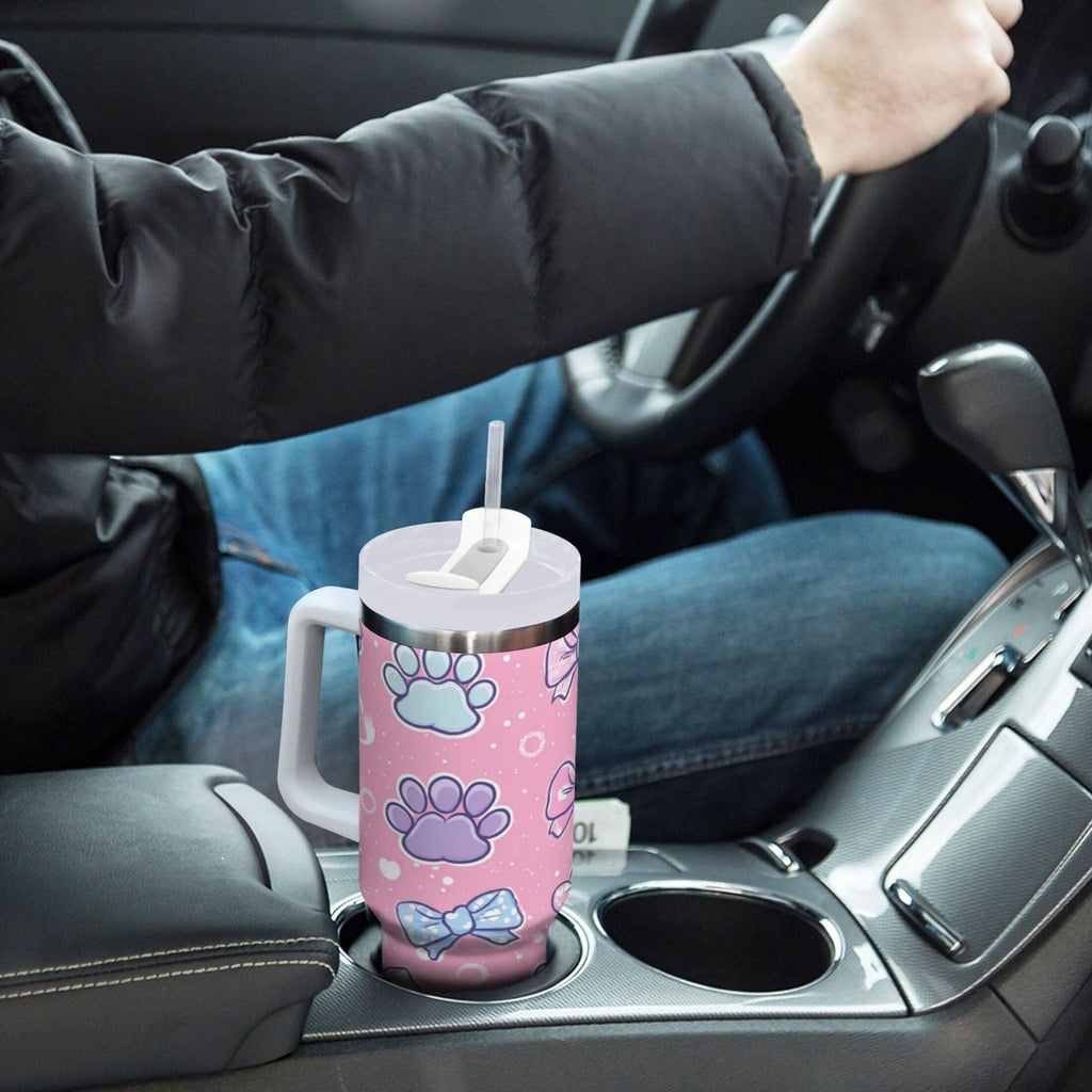 30 oz Insulated Stainless Steel Tumbler Double Wall Stainless Steel Tumbler with 2-Way Drinking Dog Paw Prints and Bows M648A