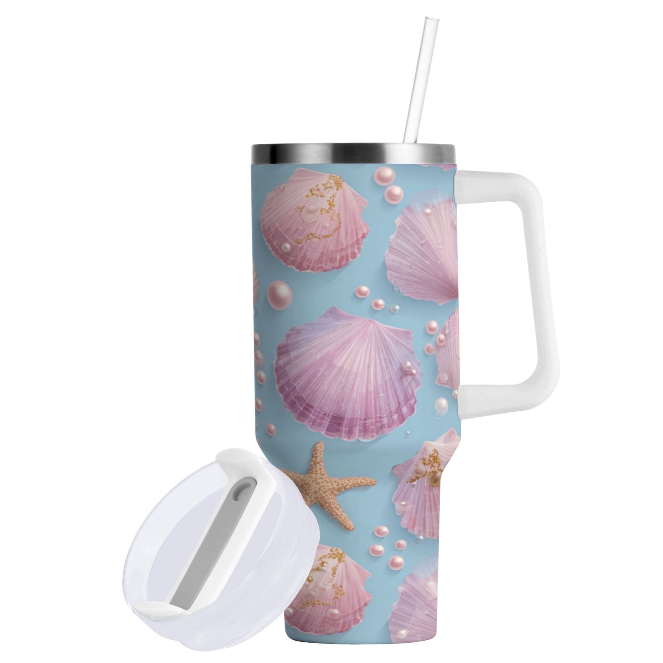 40 oz Insulated Stainless Steel Tumbler Double Wall Stainless Steel Tumbler with 2-Way Drinking Seashells and Pearls Pattern M569Q