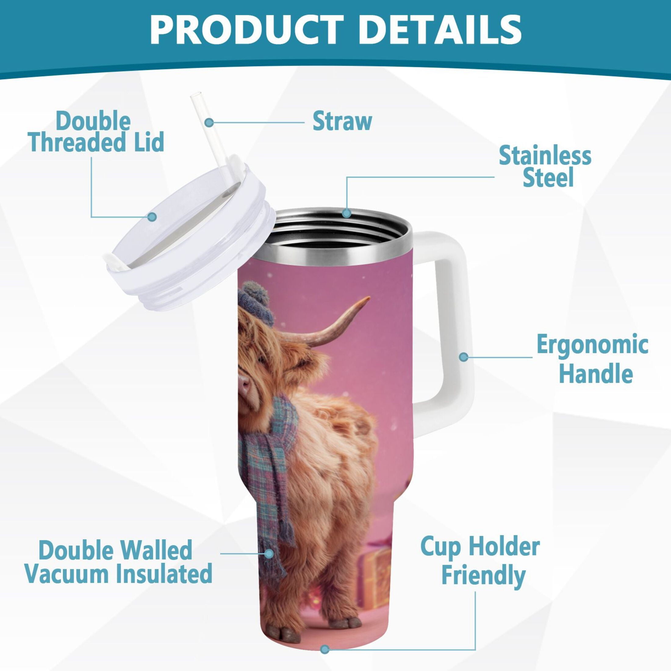 30 oz Insulated Stainless Steel Tumbler Double Wall Stainless Steel Tumbler with 2-Way Drinking Cow Wearing Christmas M626M
