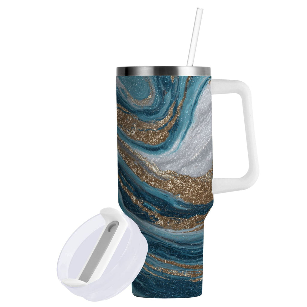 30 oz Insulated Stainless Steel Tumbler Double Wall Stainless Steel Tumbler with 2-Way Drinking Blue and Gold Swirling M497N