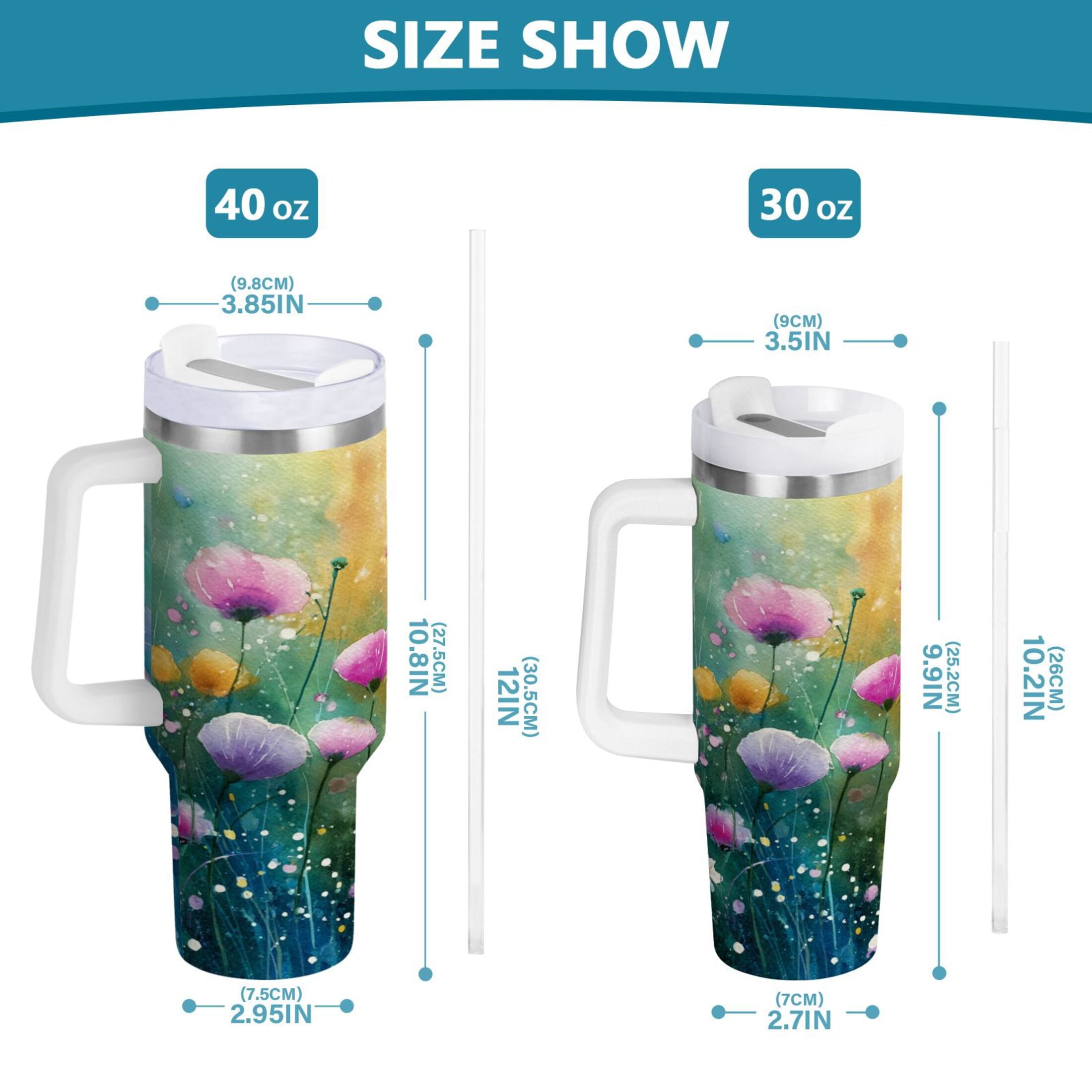 30 oz Insulated Stainless Steel Tumbler Double Wall Stainless Steel Tumbler with 2-Way Drinking Watercolor Wildflowers M563G