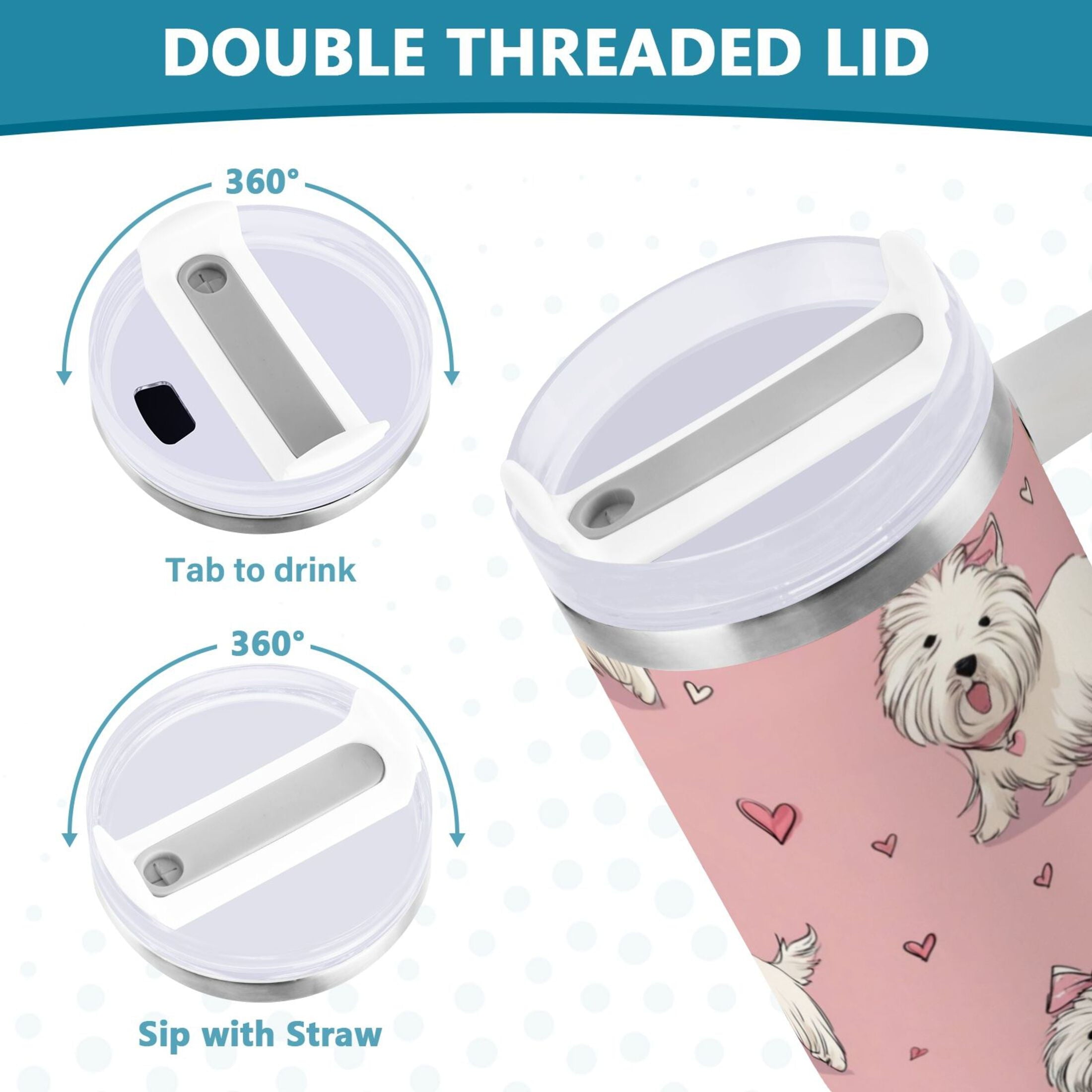 30 oz Insulated Stainless Steel Tumbler Double Wall Stainless Steel Tumbler with 2-Way Drinking Dogs Wearing Bows M659W