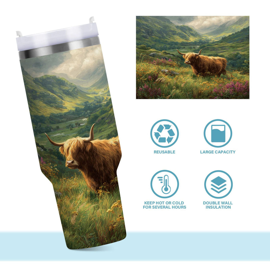 30 oz Insulated Stainless Steel Tumbler Double Wall Stainless Steel Tumbler with 2-Way Drinking Cow in Green Rolling Hills M586Q