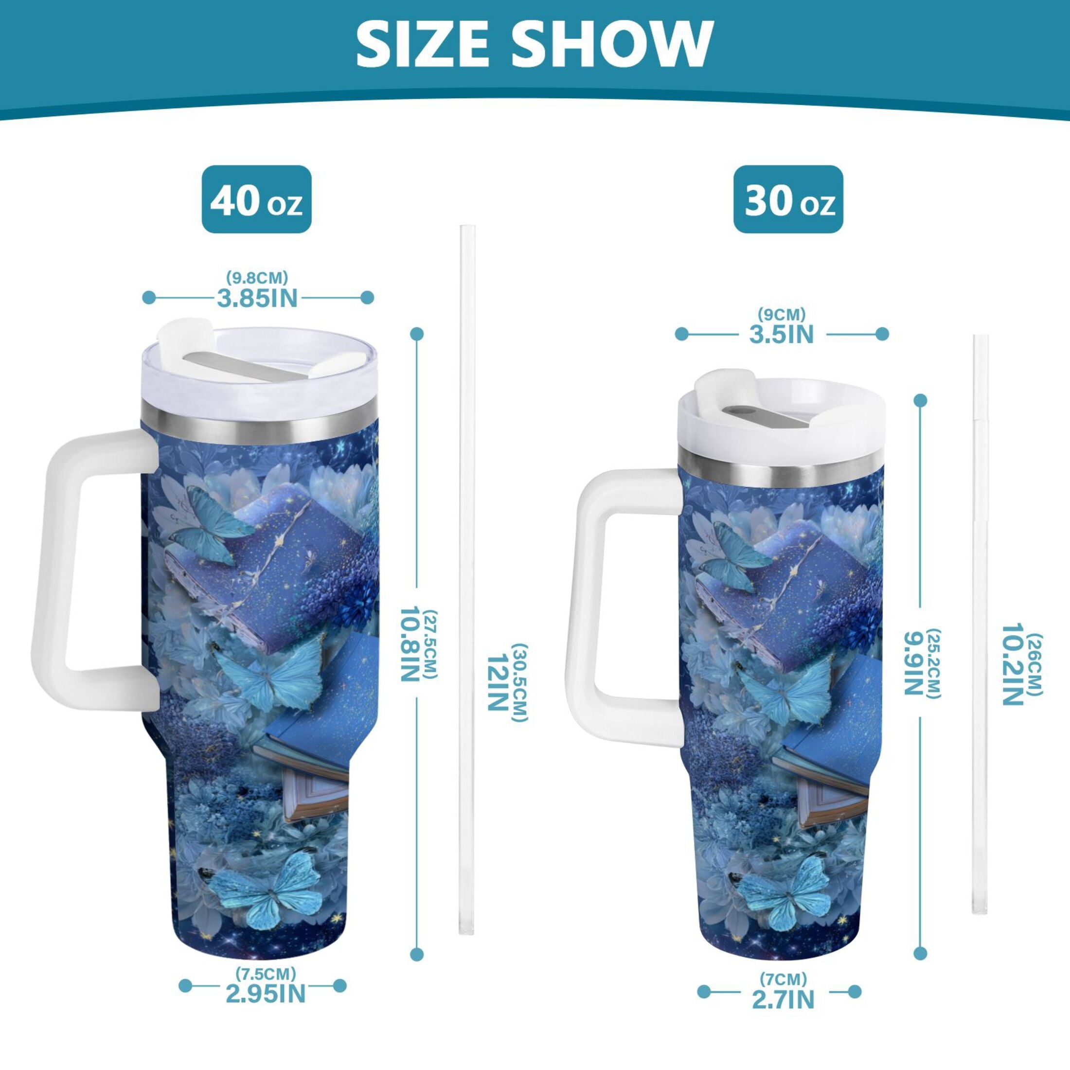 30 oz Insulated Stainless Steel Tumbler Double Wall Stainless Steel Tumbler with 2-Way Drinking Butterflies Books and Flowers M524V