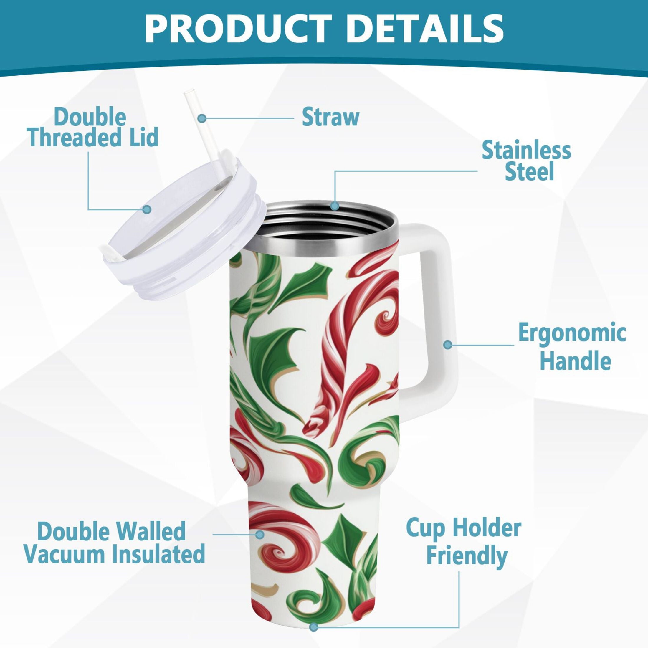 40 oz Insulated Stainless Steel Tumbler Double Wall Stainless Steel Tumbler with 2-Way Drinking Red and Green Candy-cane M573N