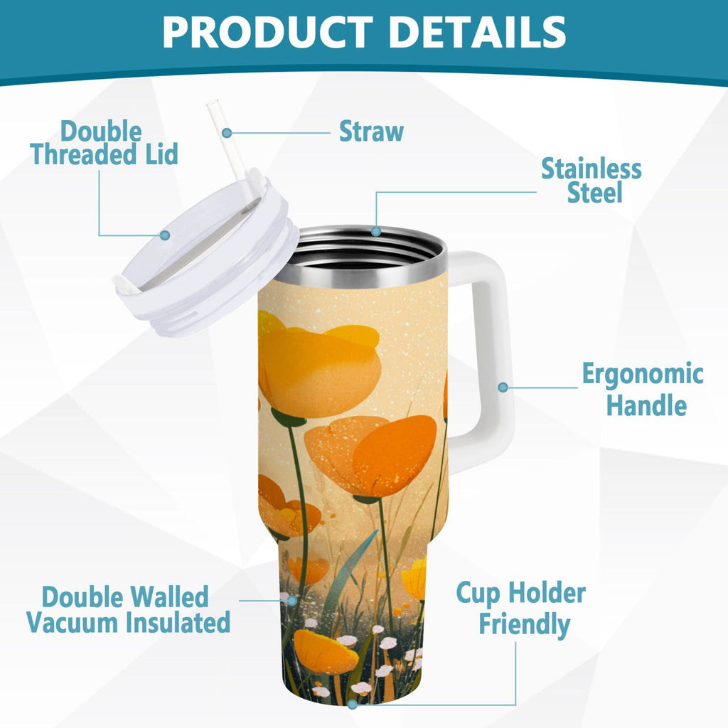30 oz Insulated Stainless Steel Tumbler Double Wall Stainless Steel Tumbler with 2-Way Drinking Yellow Flowers on The Grass M594N