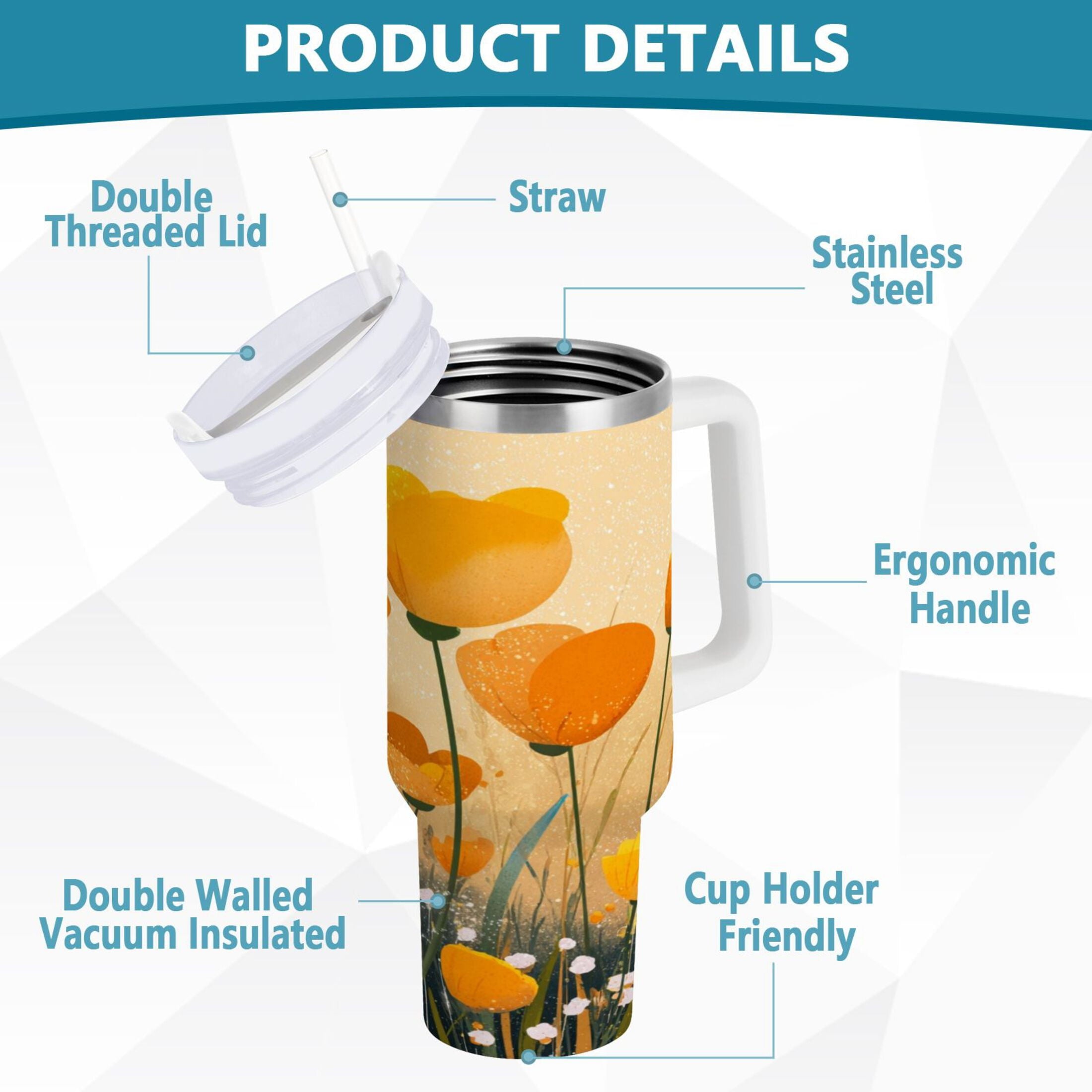 30 oz Insulated Stainless Steel Tumbler Double Wall Stainless Steel Tumbler with 2-Way Drinking Yellow Flowers on The Grass M594N