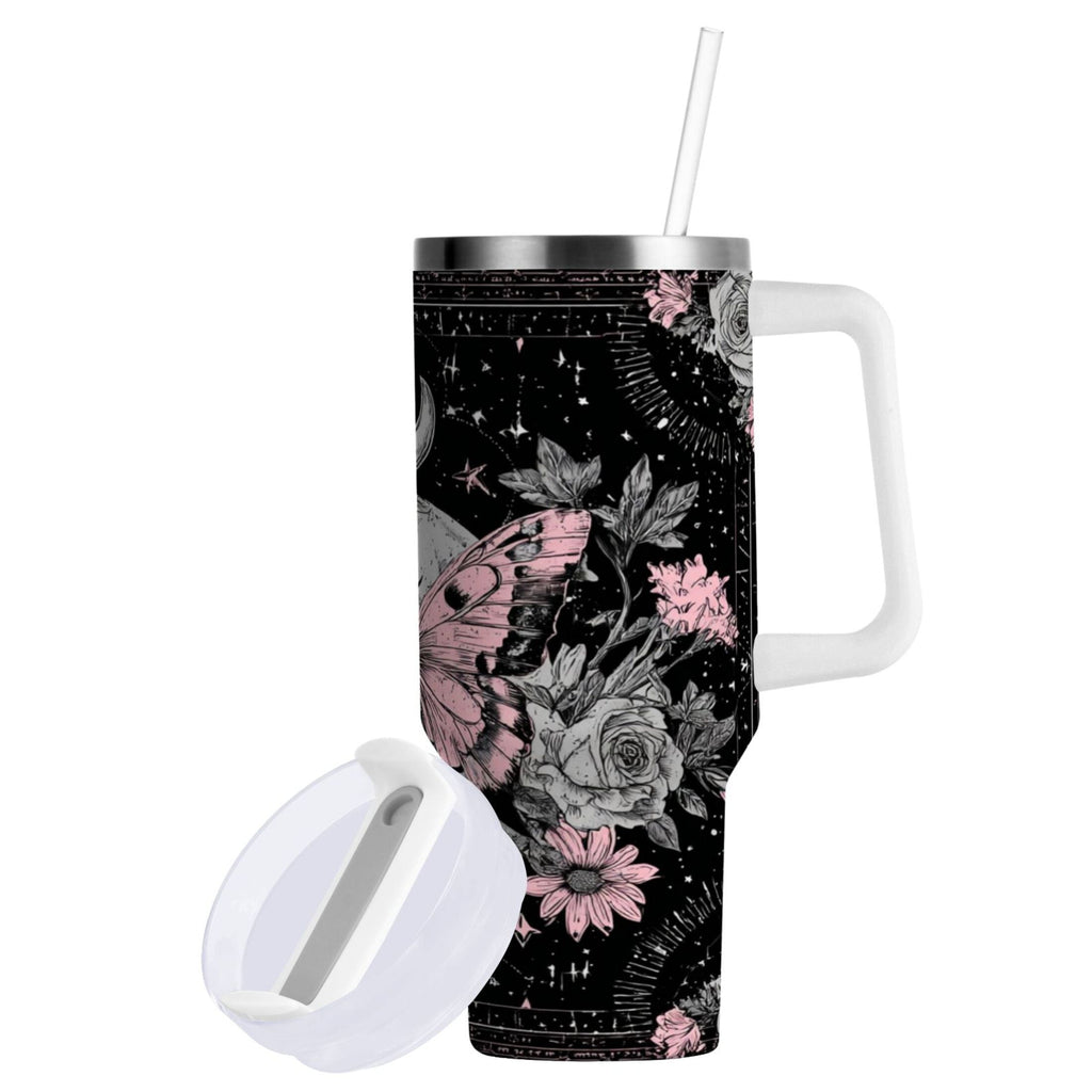 30 oz Insulated Stainless Steel Tumbler Double Wall Stainless Steel Tumbler with 2-Way Drinking Butterfly by Moon and Flowers M542E
