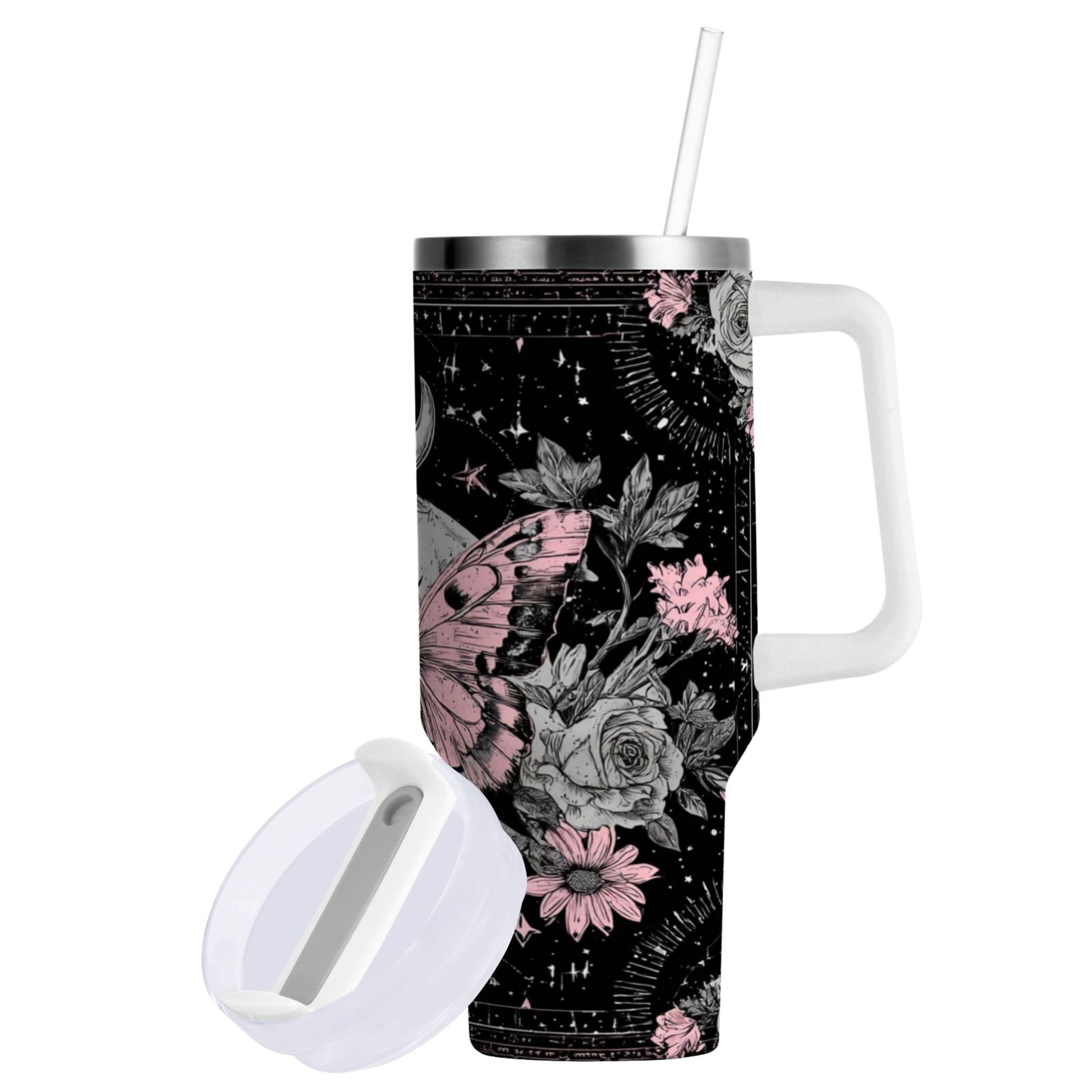 30 oz Insulated Stainless Steel Tumbler Double Wall Stainless Steel Tumbler with 2-Way Drinking Butterfly by Moon and Flowers M542E