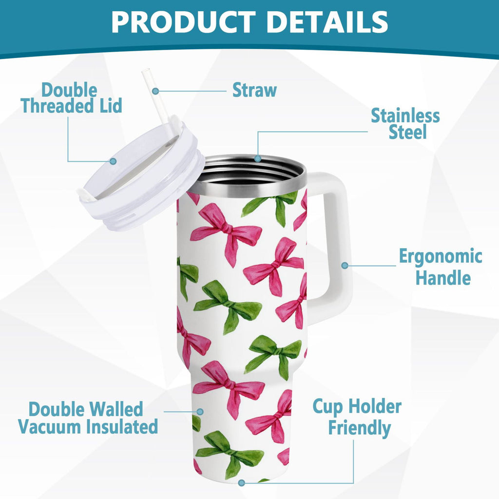 30 oz Insulated Stainless Steel Tumbler Double Wall Stainless Steel Tumbler with 2-Way Drinking Pink Bows and Green Ribbons M649C