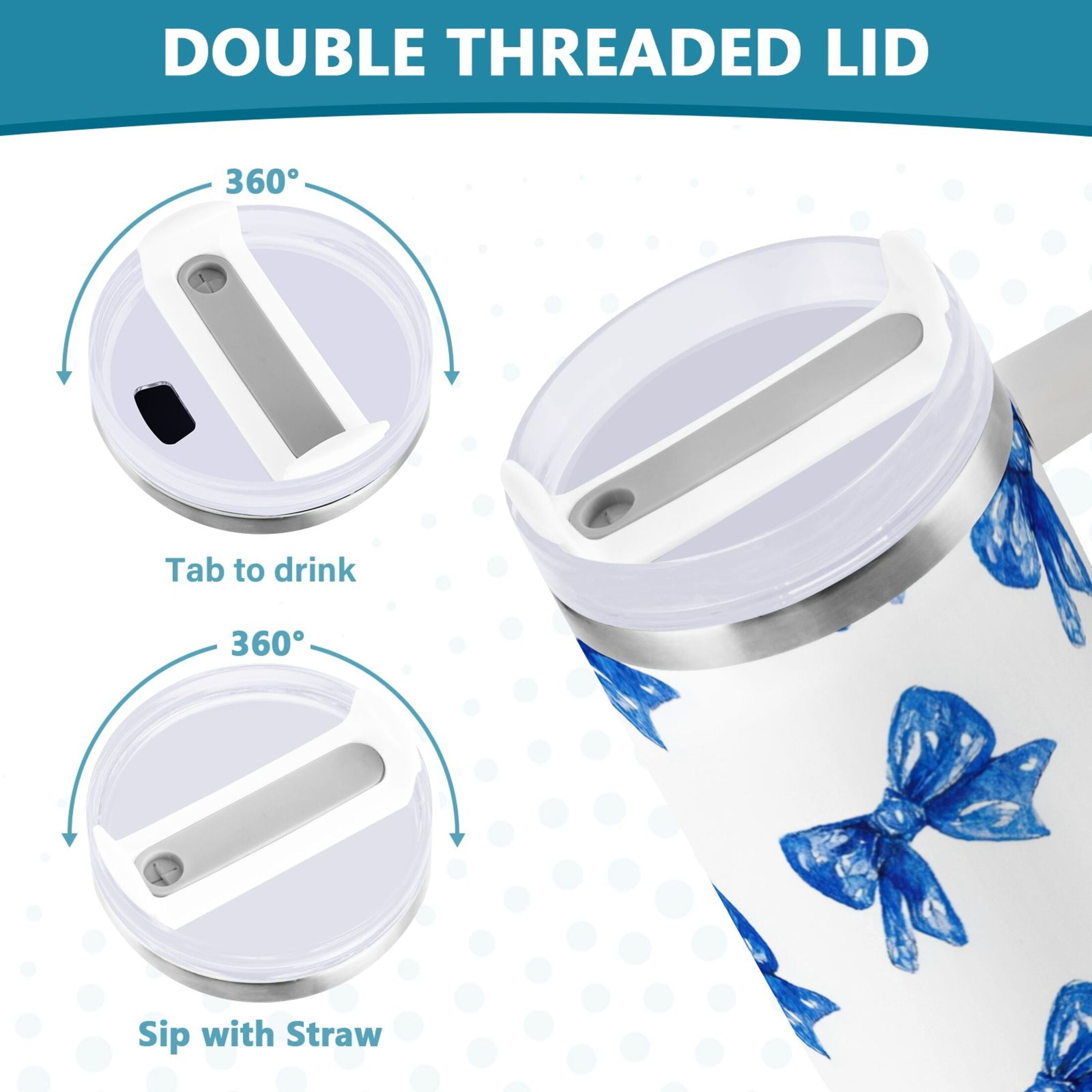 30 oz Insulated Stainless Steel Tumbler Double Wall Stainless Steel Tumbler with 2-Way Drinking Blue Bows Pattern M620U