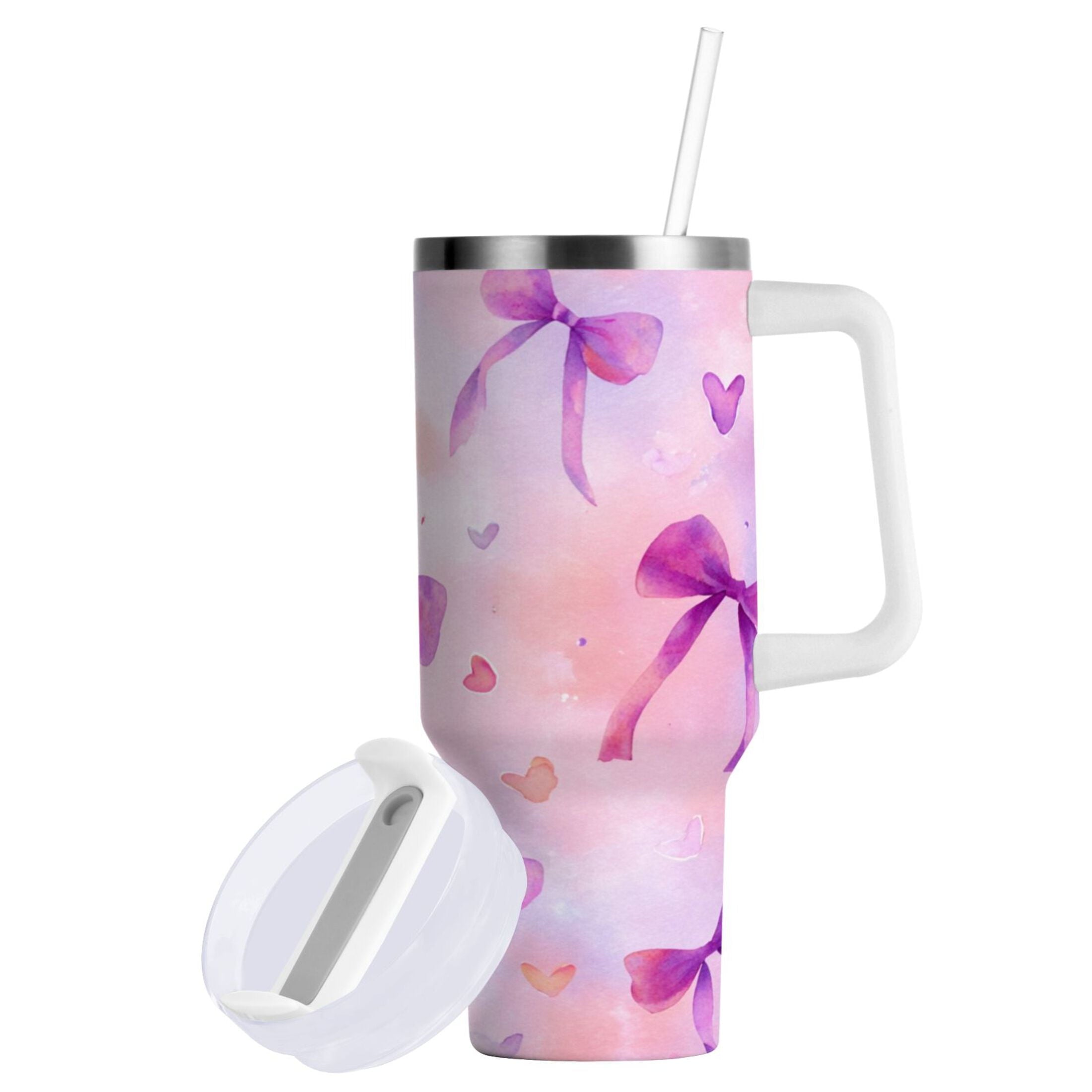 30 oz Insulated Stainless Steel Tumbler Double Wall Stainless Steel Tumbler with 2-Way Drinking Watercolor Purple Bows M591S