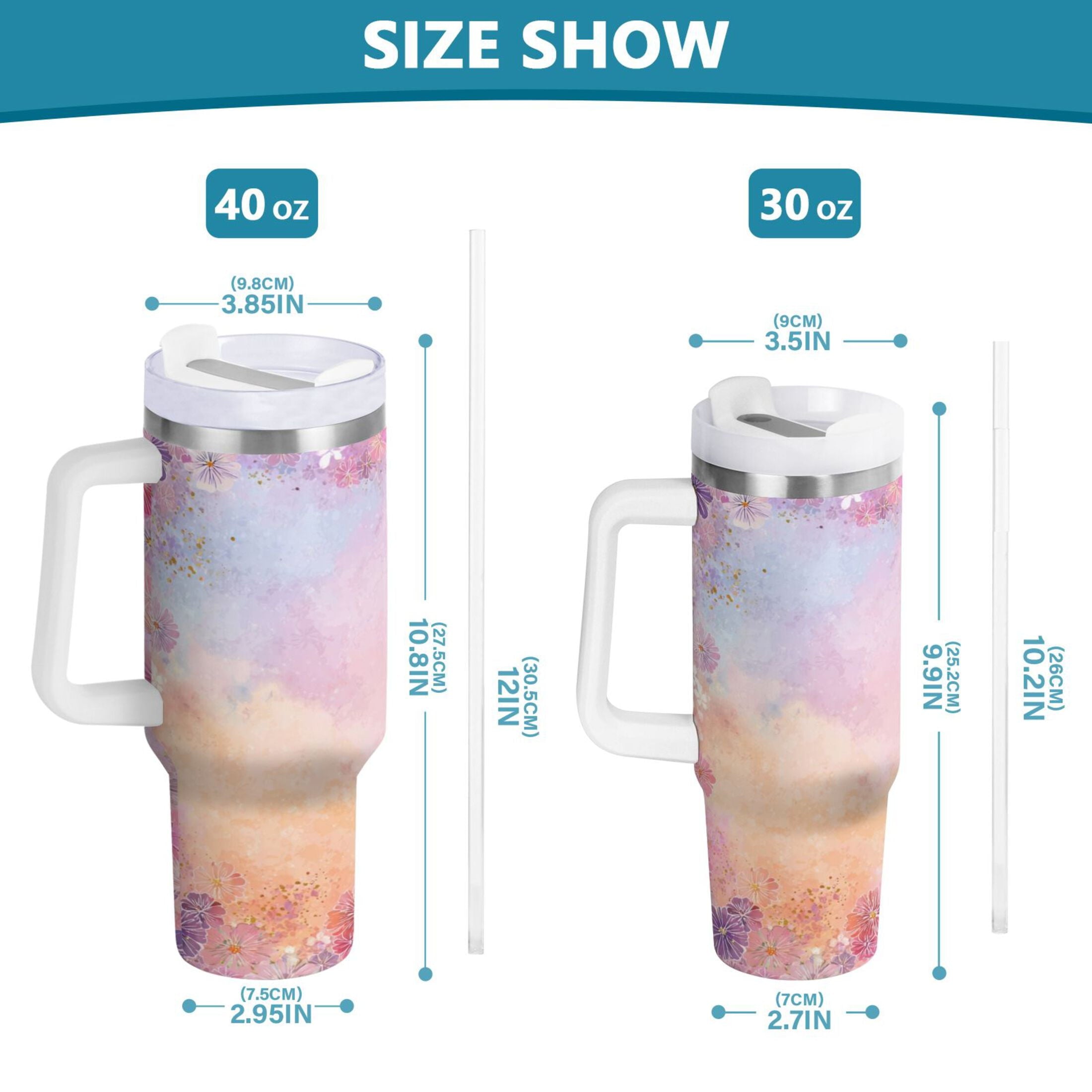 30 oz Insulated Stainless Steel Tumbler Double Wall Stainless Steel Tumbler with 2-Way Drinking Colorful Pastel Floral Pattern M514G