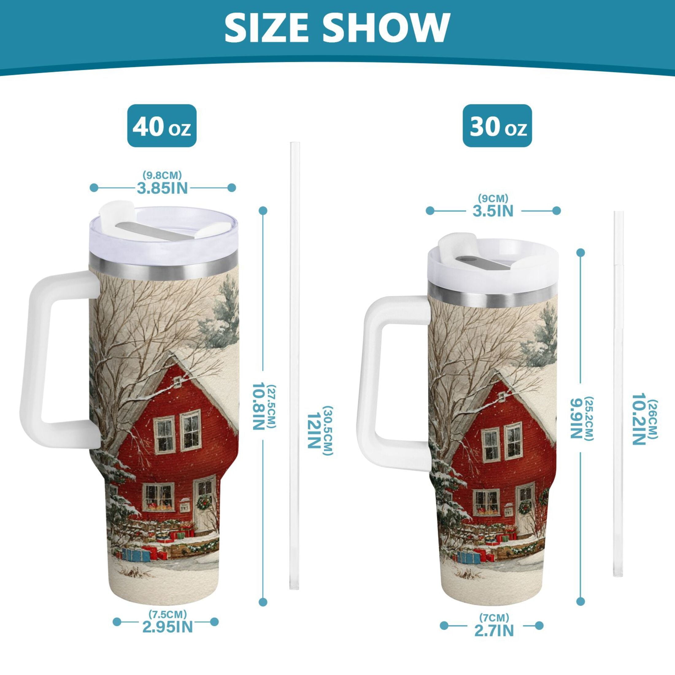 40 oz Insulated Stainless Steel Tumbler Double Wall Stainless Steel Tumbler with 2-Way Drinking House with Snow-covered Roof M674V