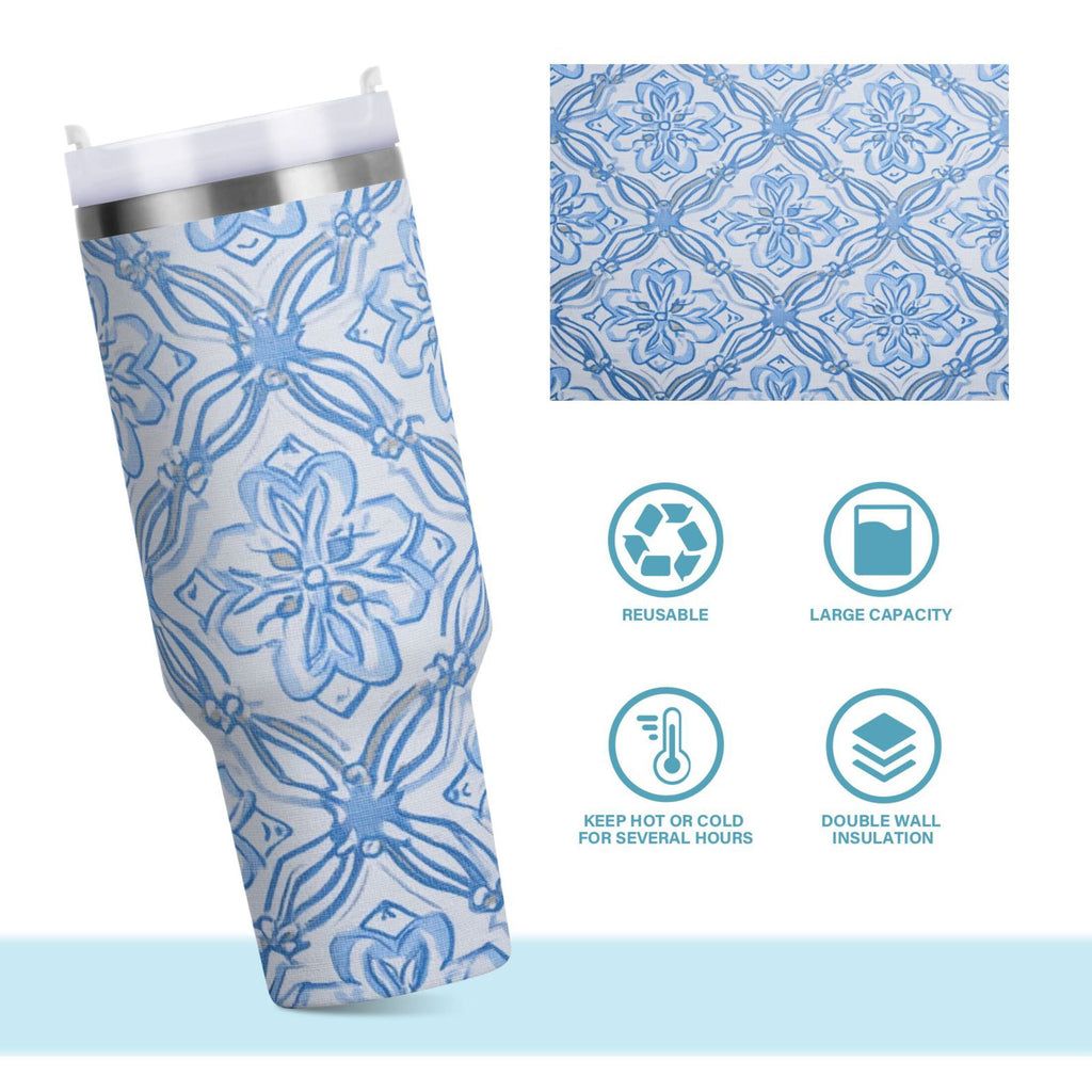 30 oz Insulated Stainless Steel Tumbler Double Wall Stainless Steel Tumbler with 2-Way Drinking Blue Elegant Geometric Design M623L