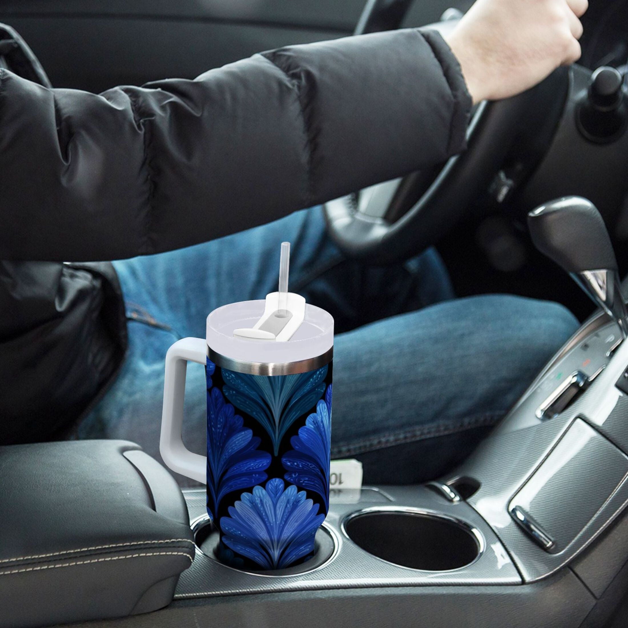 30 oz Insulated Stainless Steel Tumbler Double Wall Stainless Steel Tumbler with 2-Way Drinking Blue Batik Leaves Pattern M525M
