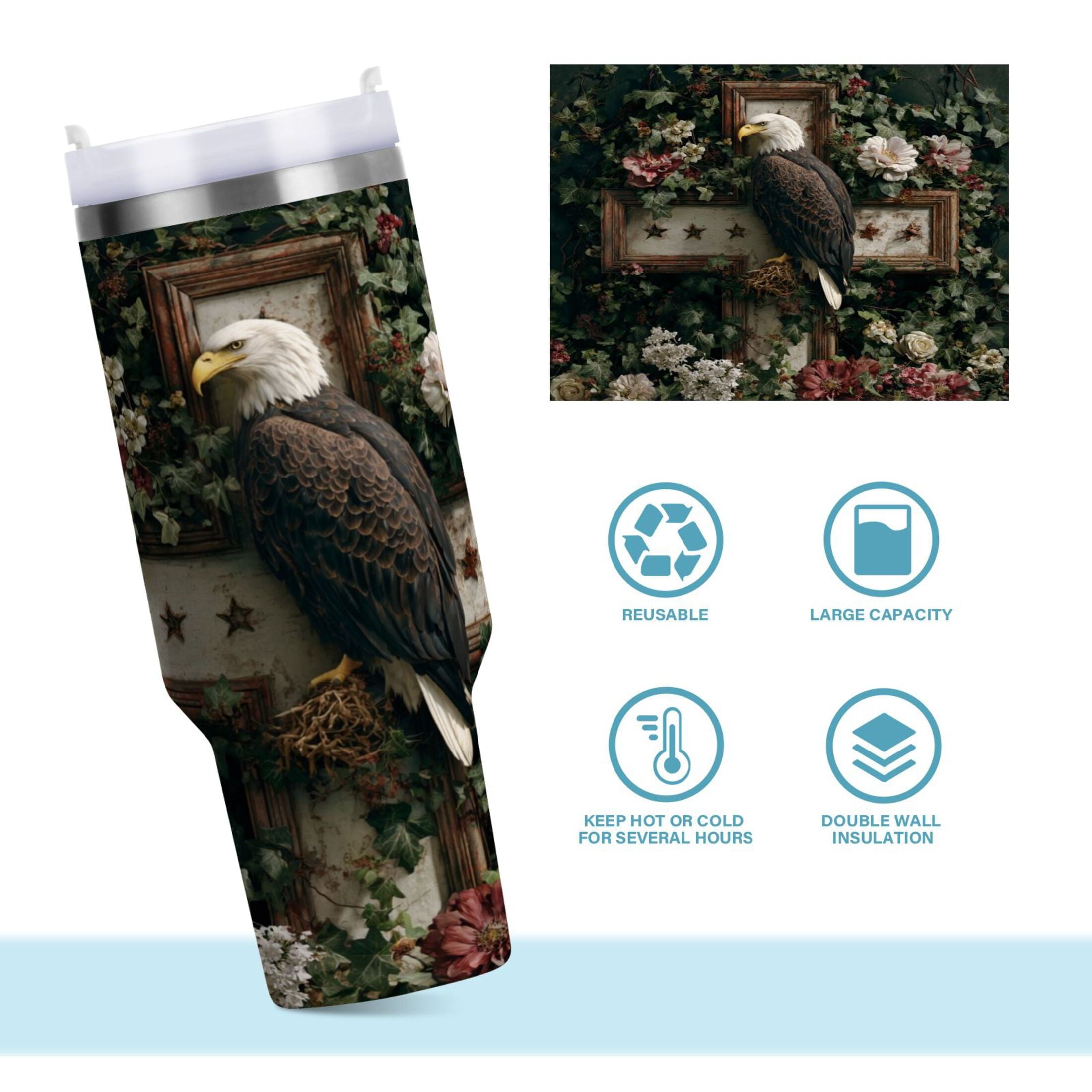 30 oz Insulated Stainless Steel Tumbler Double Wall Stainless Steel Tumbler with 2-Way Drinking Wreath and Bald Eagle M668U