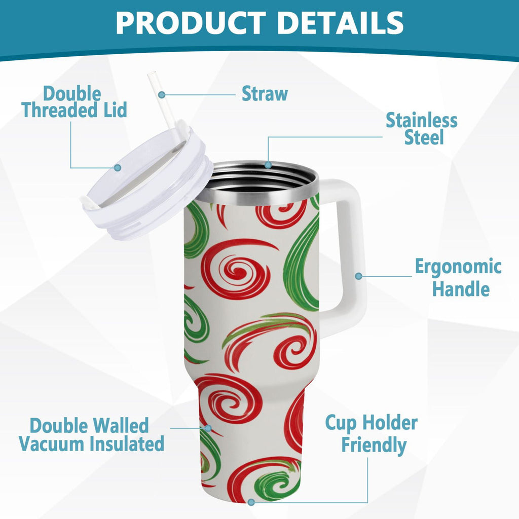 40 oz Insulated Stainless Steel Tumbler Double Wall Stainless Steel Tumbler with 2-Way Drinking Red and Green Swirls M539V