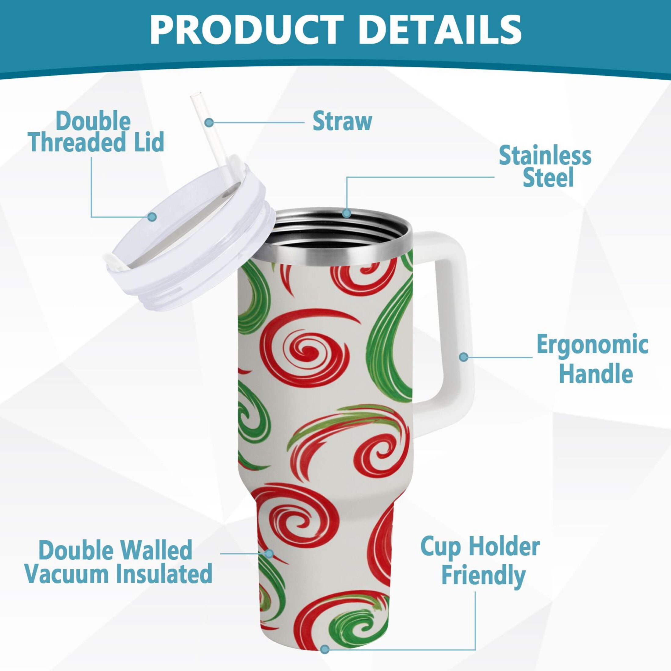 40 oz Insulated Stainless Steel Tumbler Double Wall Stainless Steel Tumbler with 2-Way Drinking Red and Green Swirls M539V
