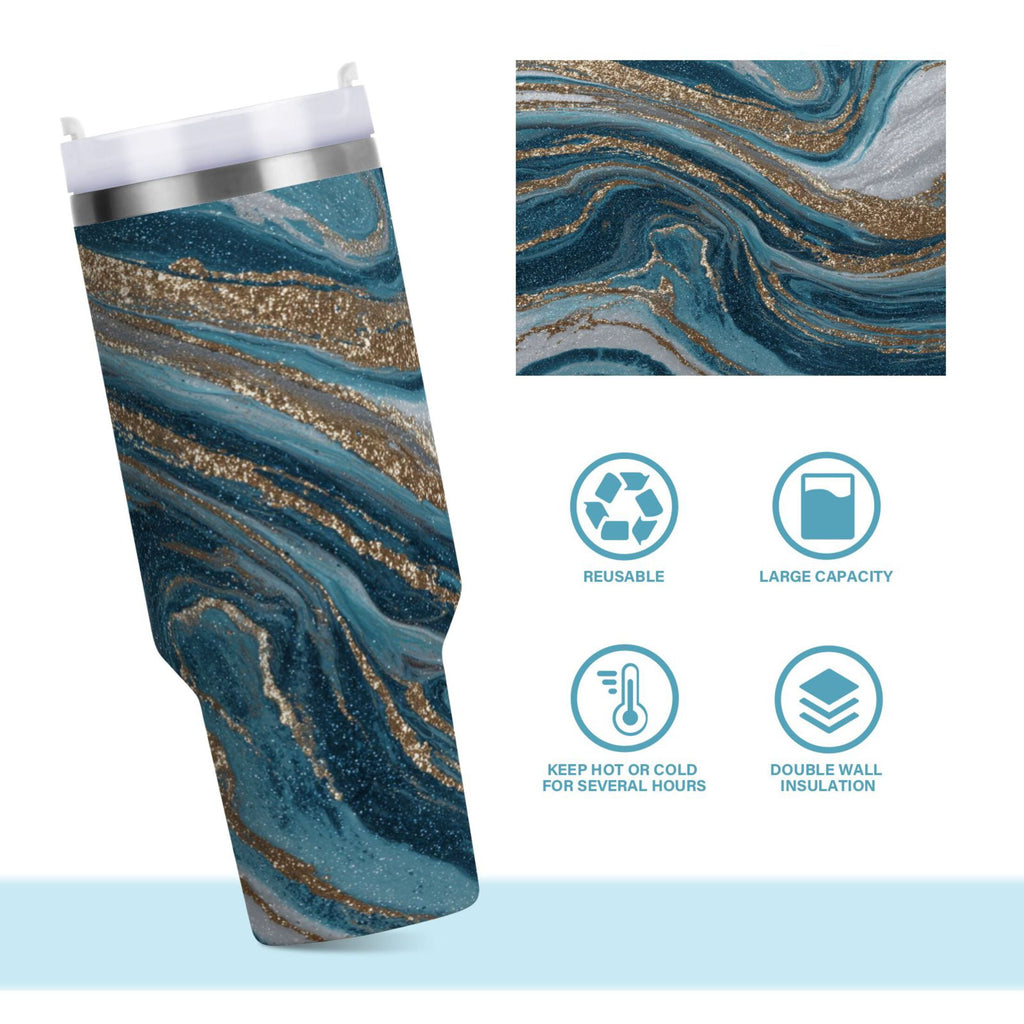 30 oz Insulated Stainless Steel Tumbler Double Wall Stainless Steel Tumbler with 2-Way Drinking Blue and Gold Swirling M497N