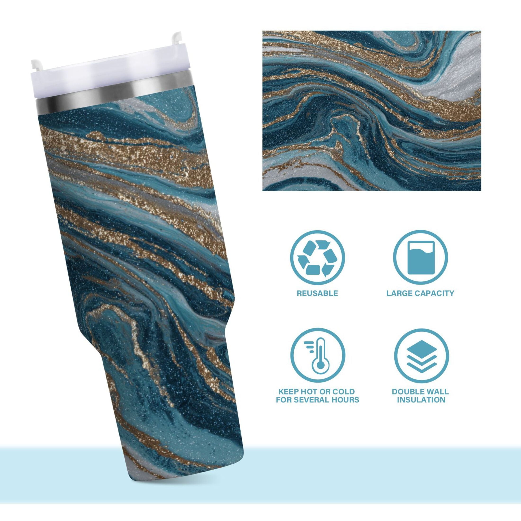 30 oz Insulated Stainless Steel Tumbler Double Wall Stainless Steel Tumbler with 2-Way Drinking Blue and Gold Swirling M497N