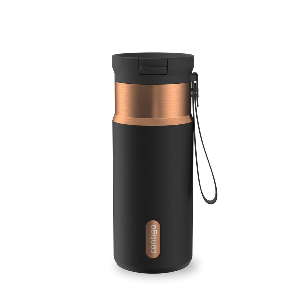 Contigo SnapSeal Leakproof Stainless Steel Reusable Water Bottle with Carrying Strap, Black/Bronze, 16 oz M65H