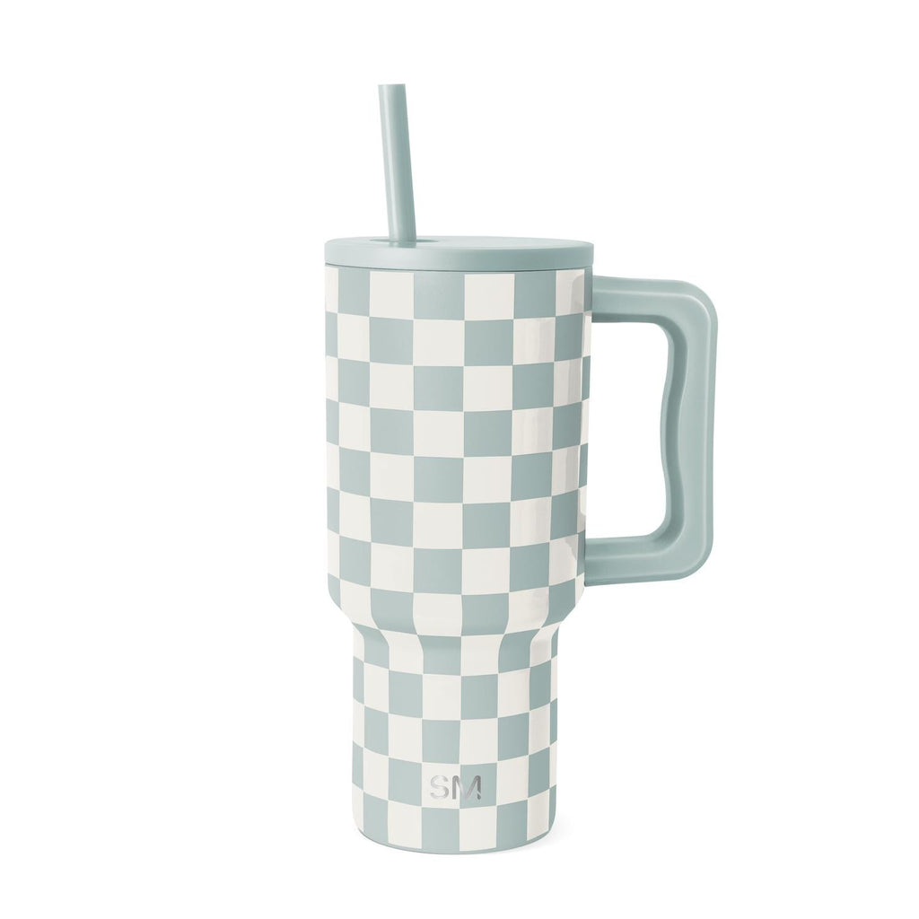 Simple Modern 30 fl oz Insulated Stainless Steel Trek Tumbler with Straw Lid | Seaglass Sage and Cream Checkmate M690W